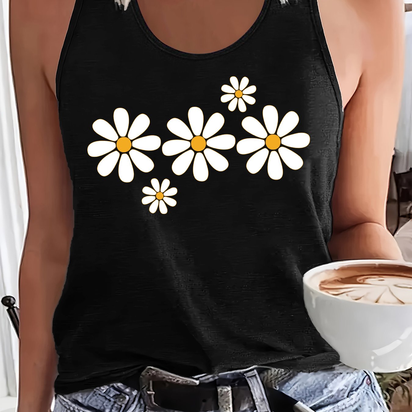 TEMU Women's Sleeveless Vest With Daisy Print | Casual, Loose Fit, Top With Scoop Neck