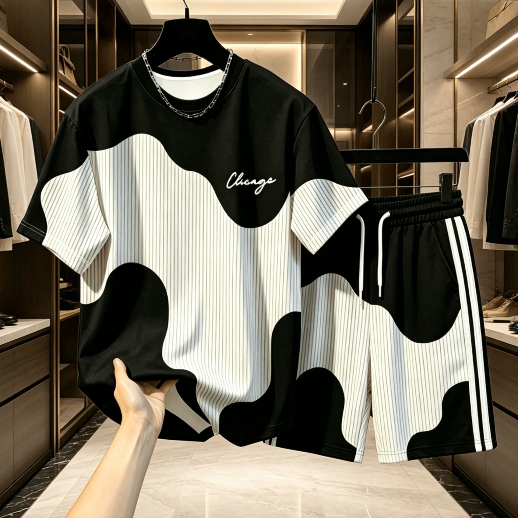TEMU Conjunto de camisetas casuales de cuello para hombre, diseño de geométricos a rayas, con "Chicago", superior de moda , para toda temporada,