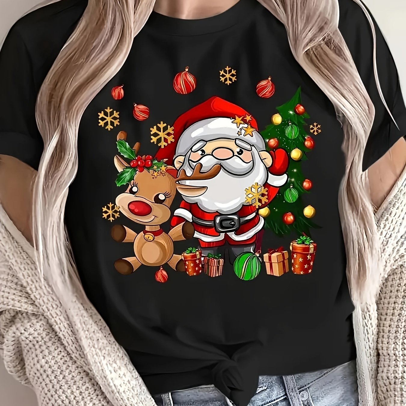 TEMU Christmas Santa And Reindeer Print Crew Neck T-shirt, Casual Polyester Knit Fabric Top, Cartoon Pattern, Stretch, 180g/mÂ², For