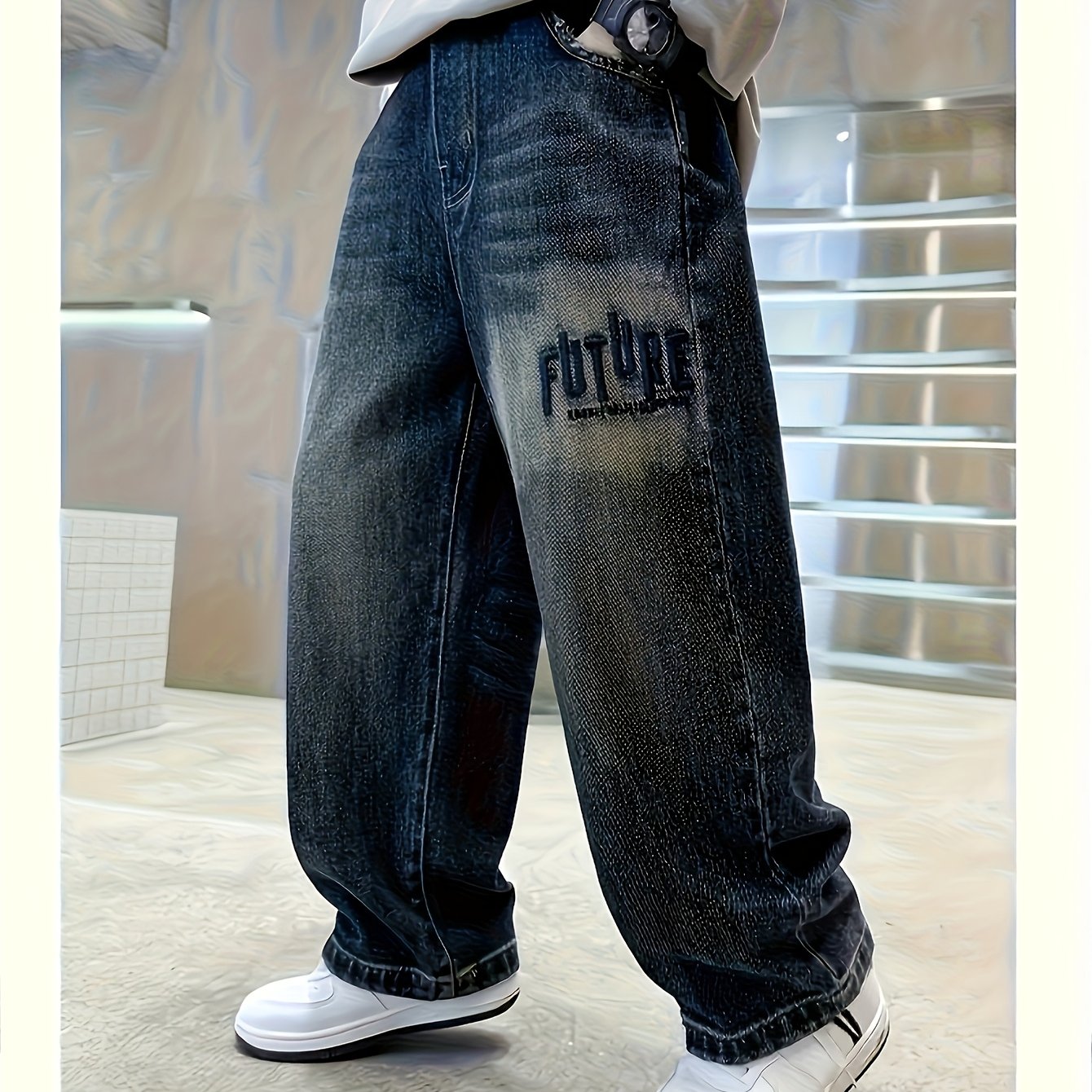 Image of Boys' Straight-leg Jeans. Features Pockets, Suitable For And , Casual Youth Apparel, Stylish Letter Embroidery, Durable Youth Clothing, Wearable In , Fashionable Hip-hop Casual Jeans, Full Elastic