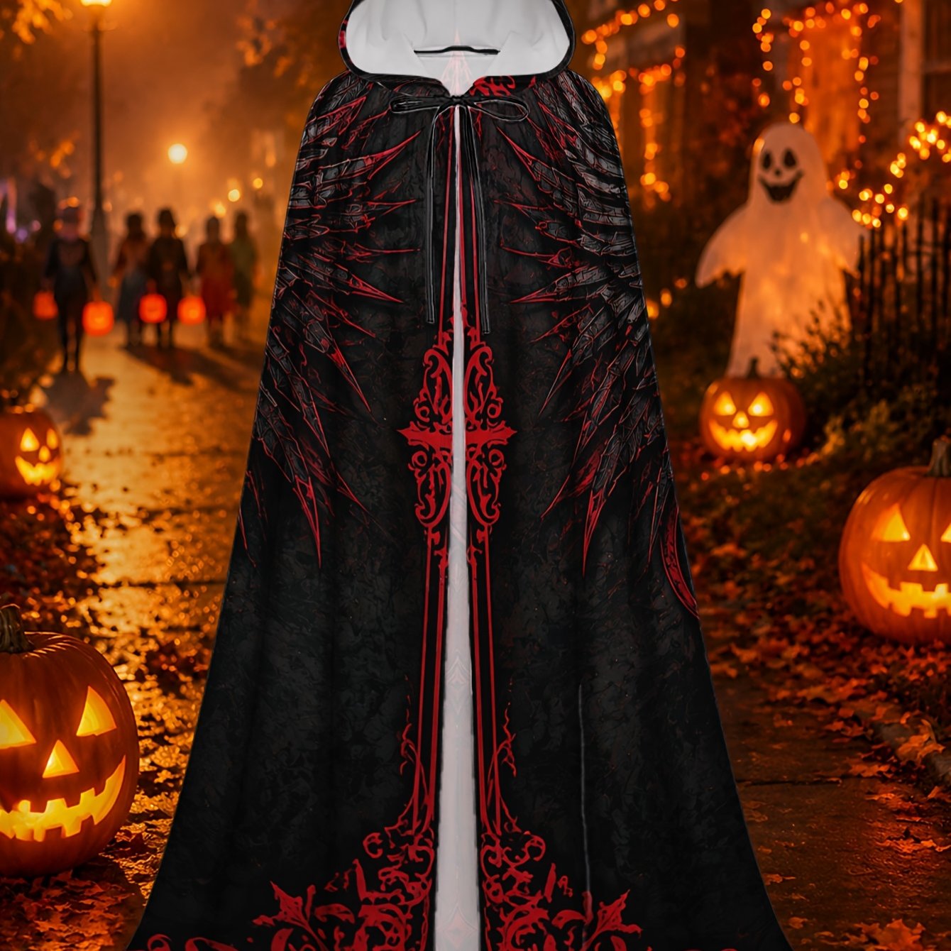 TEMU 1pc, Cape Longue de Sorcière d'Halloween et Robe de Costume de Noël, Cape à Capuche en Polyester avec Motif Gothique d' Ailé Rouge, pour le