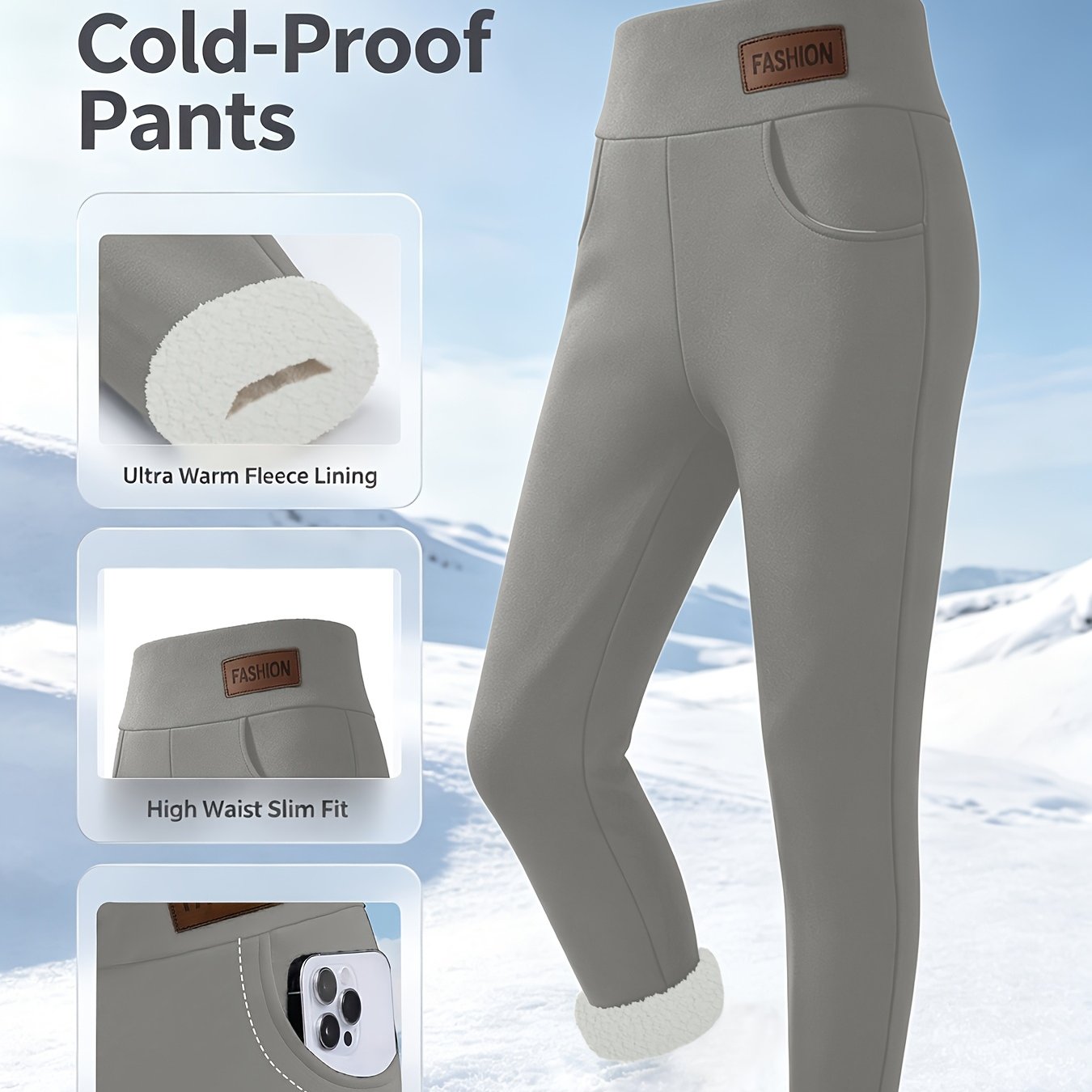 TEMU Pantalon pour femme taille haute doublé coupe ajustée -froid avec poches latérales pour l'hiver S Tenue décontractée