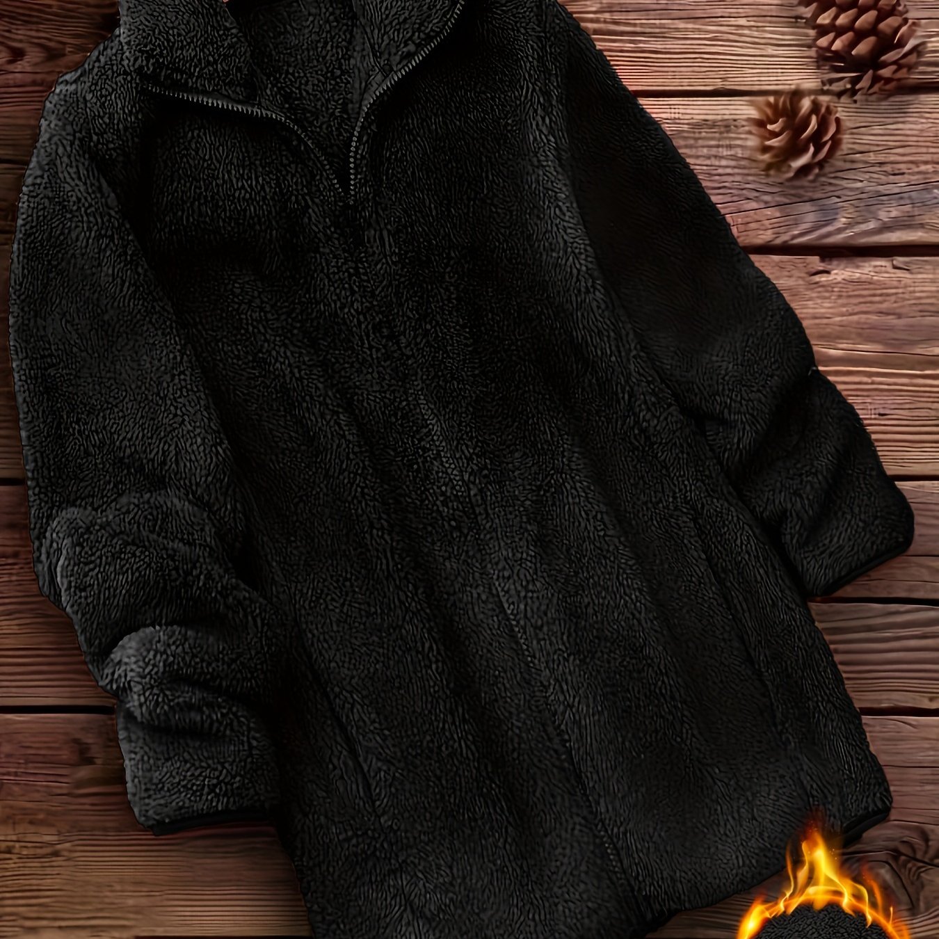 Zip Up Solid Teddy Coat, Casual Long Sleeve Winter Outerwear, Women's Clothing