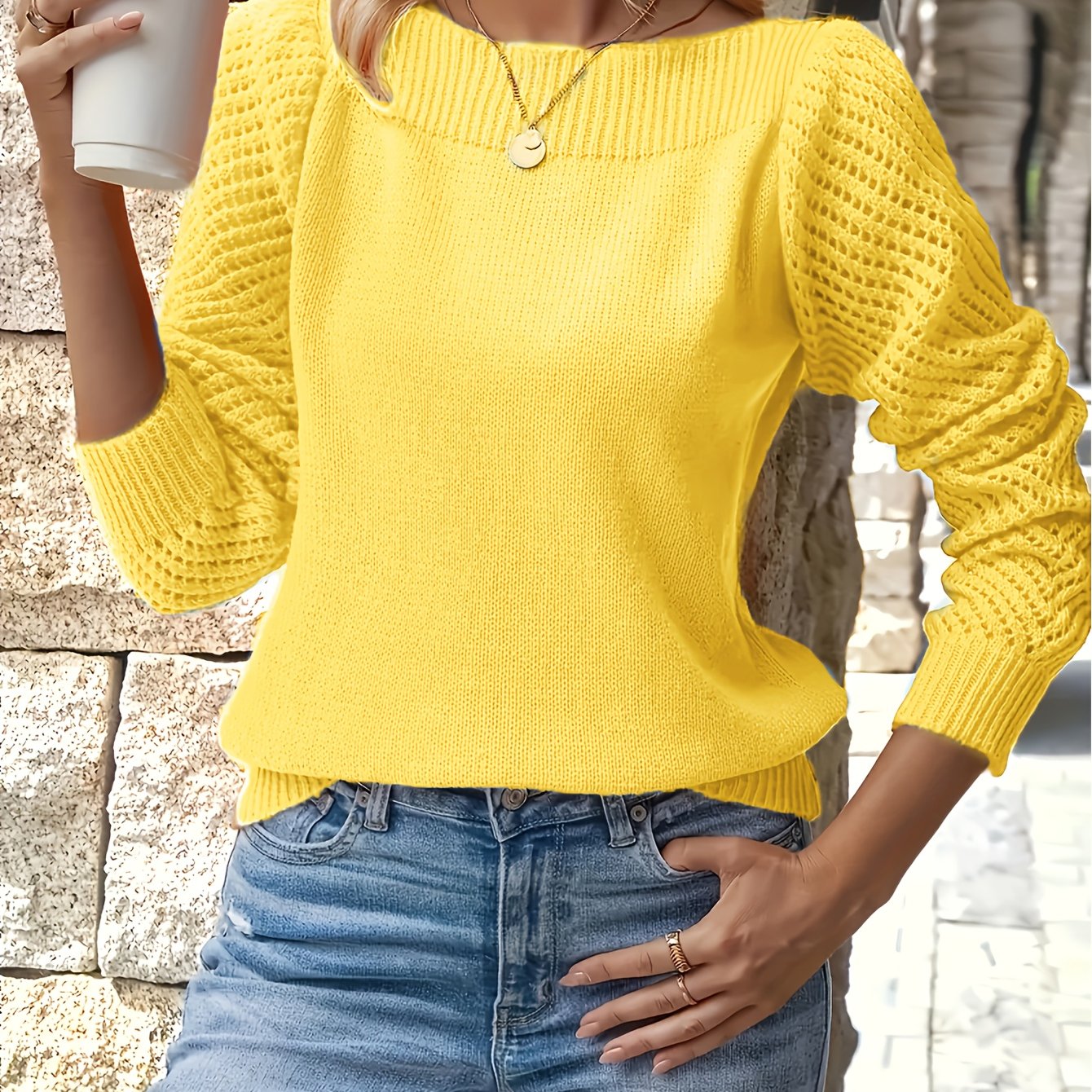 TEMU Women's Middle Eastern Style Long-sleeve Sweater - Solid Color Crewneck Pullover, Regular Fit For Spring/autumn Casual And Formal Wear, Elegant