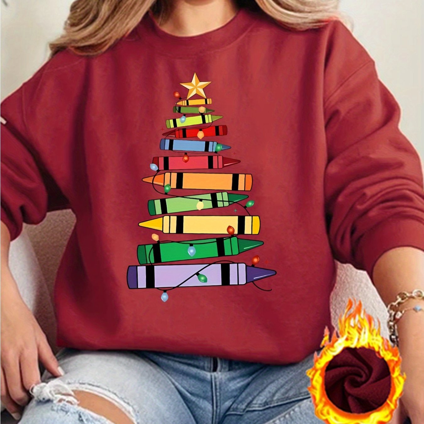 TEMU Suéter de Navidad Casual para Mujer con Estampado de Árbol y Crayones - Cuello , Larga, Forro Polar, Lavable a Máquina, Diseño Divertido, Ropa