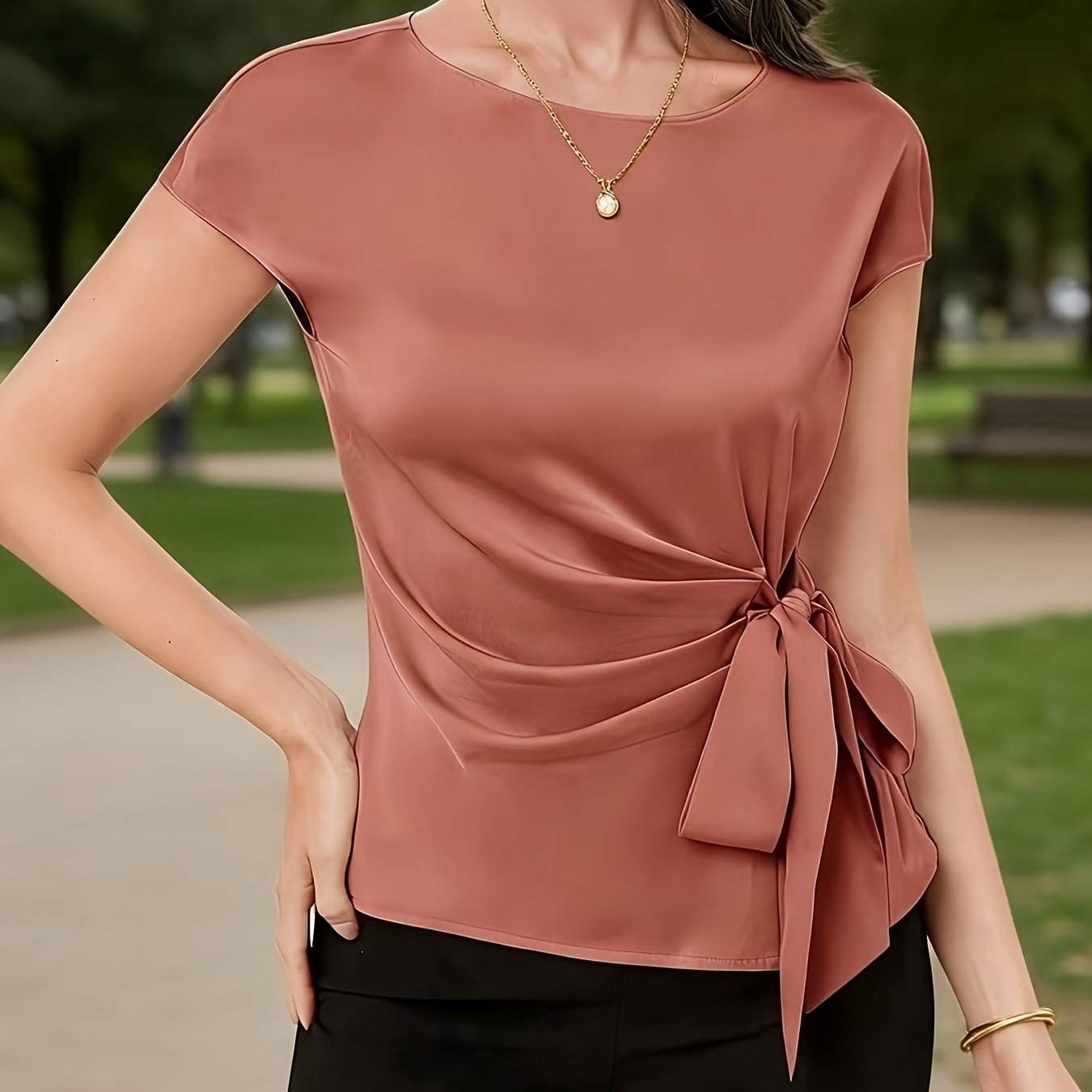 TEMU Spring/summer New Arrival Elegant Round Neck Fashion Shoulder-to-shoulder Short Sleeve Slim-fit Tie-waist Shirt, Versatile Commuter Women' Color