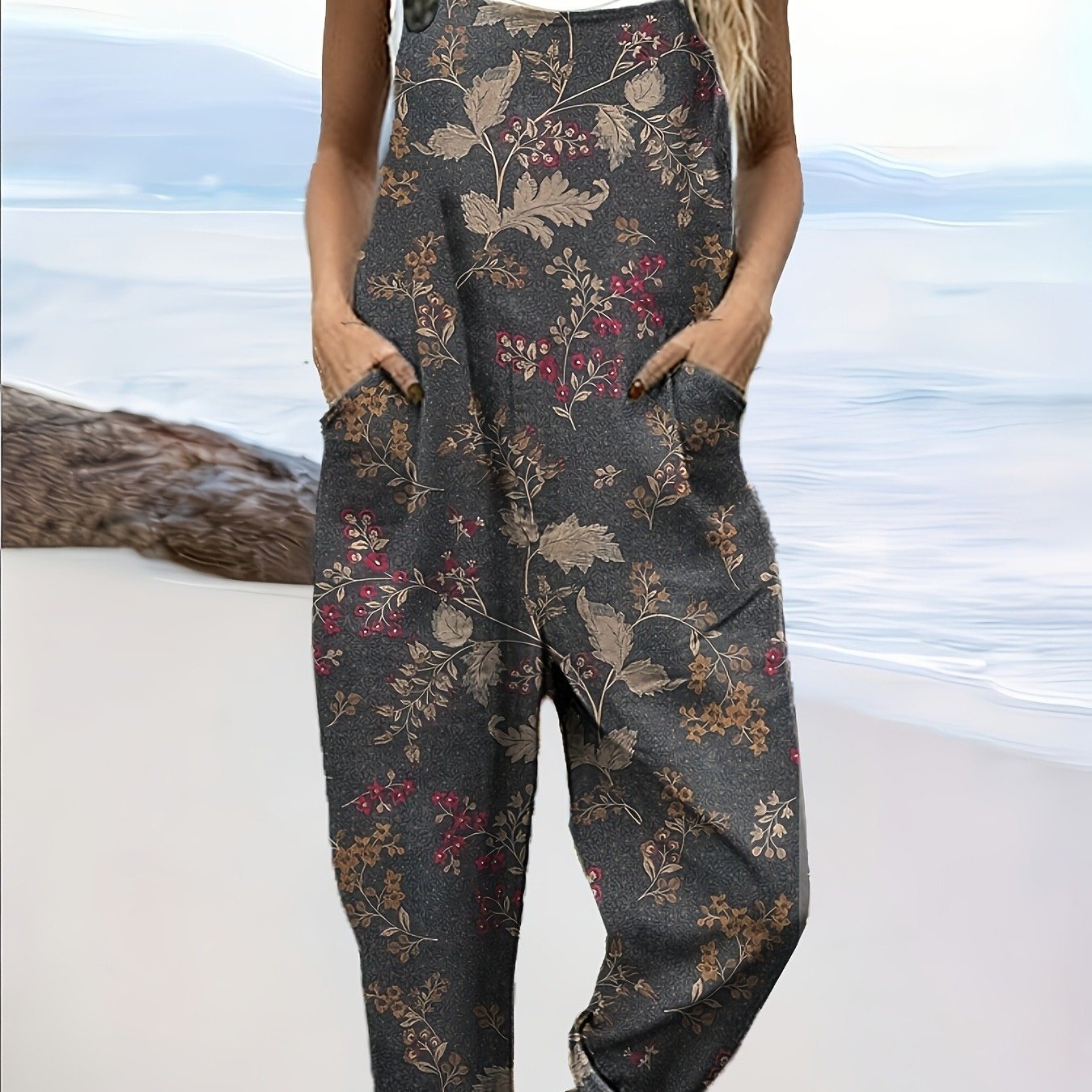 Image of Plus Size, Summer Vintage Floral Print Women's Suspender Jumpsuit, With Pockets, Lightweight And Breathable, Casual And Relaxed Style, Suitable For Vacation And Commuting, Suitable For