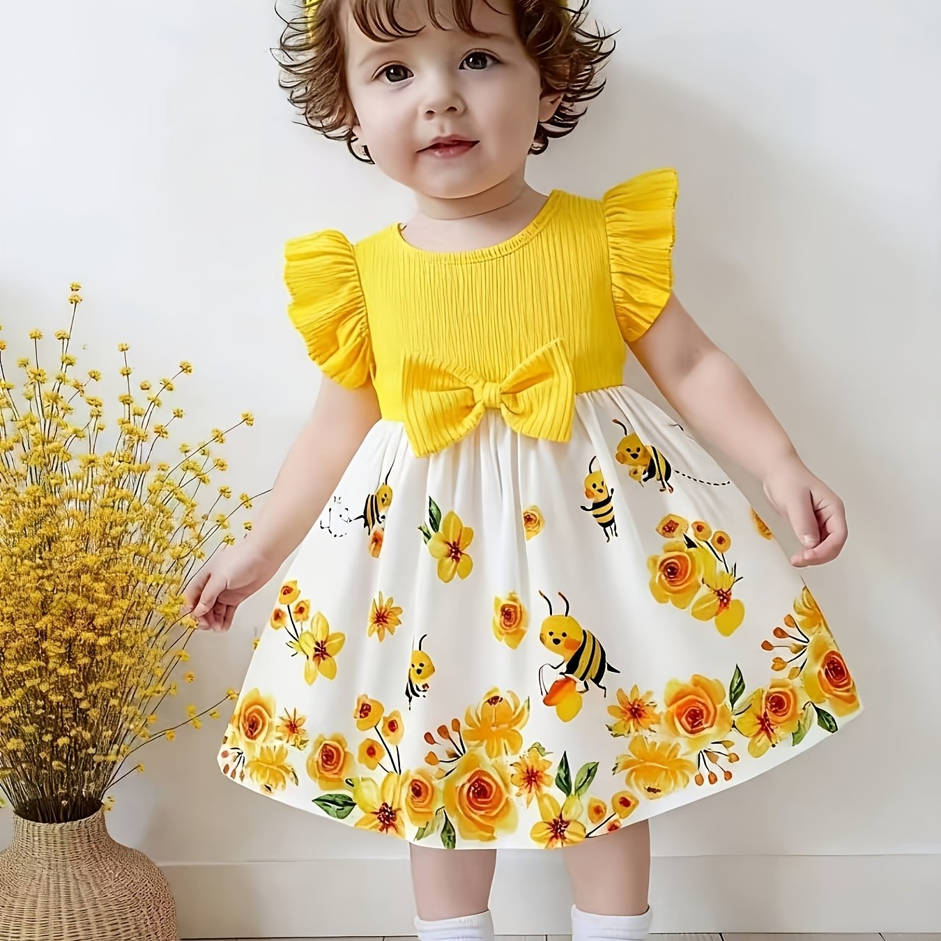 Image of Bow And Ruffle-trimmed Sleeveless Dress With And Flower Print For Girls Aged 6 Months To 3 Years, Suitable For Outdoor Casual Activities And Sports, A Gift For Children
