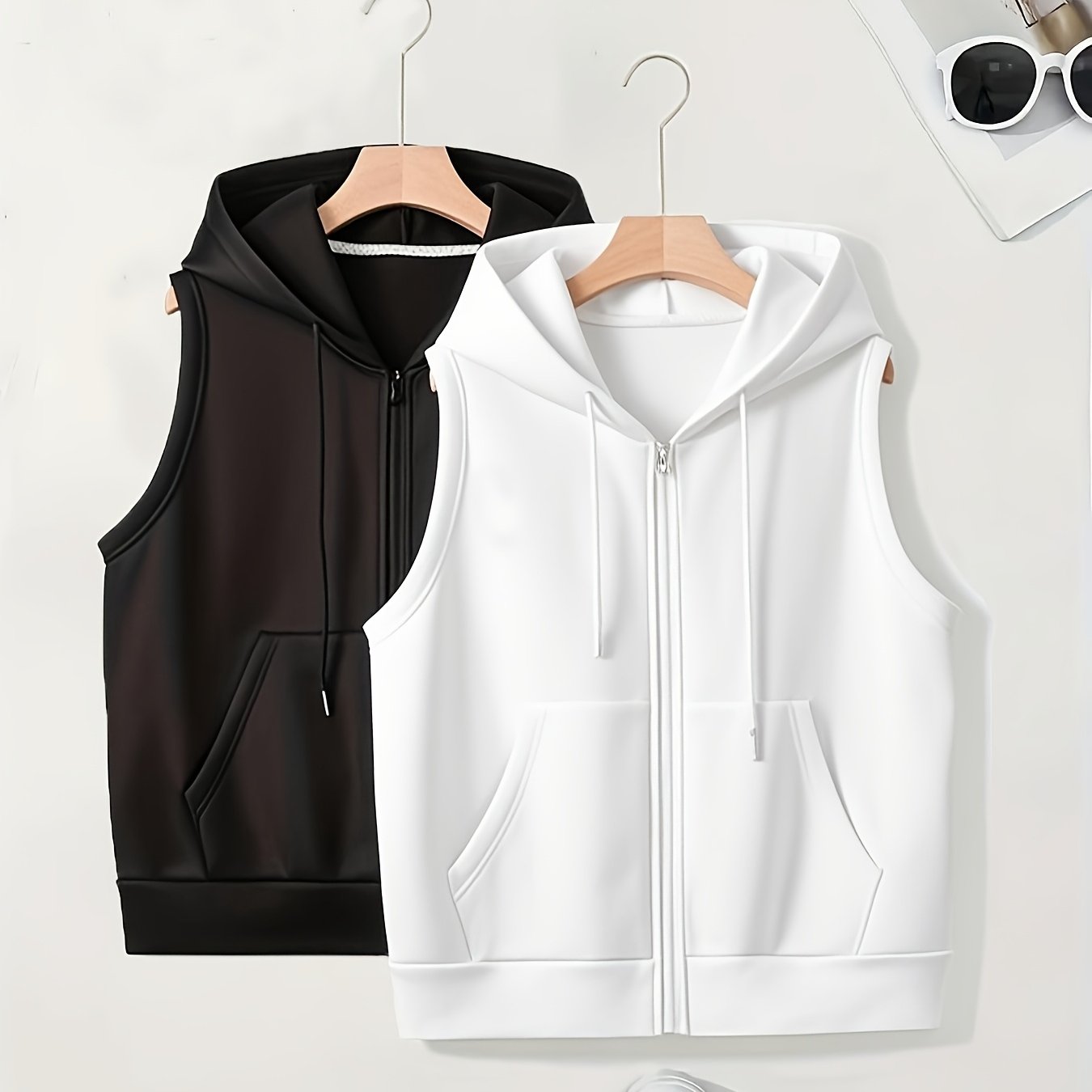 2pcs Women's Hooded Zip-pocket Jacket And Sleeveless Sweatshirt Set, Black And White Outfit
