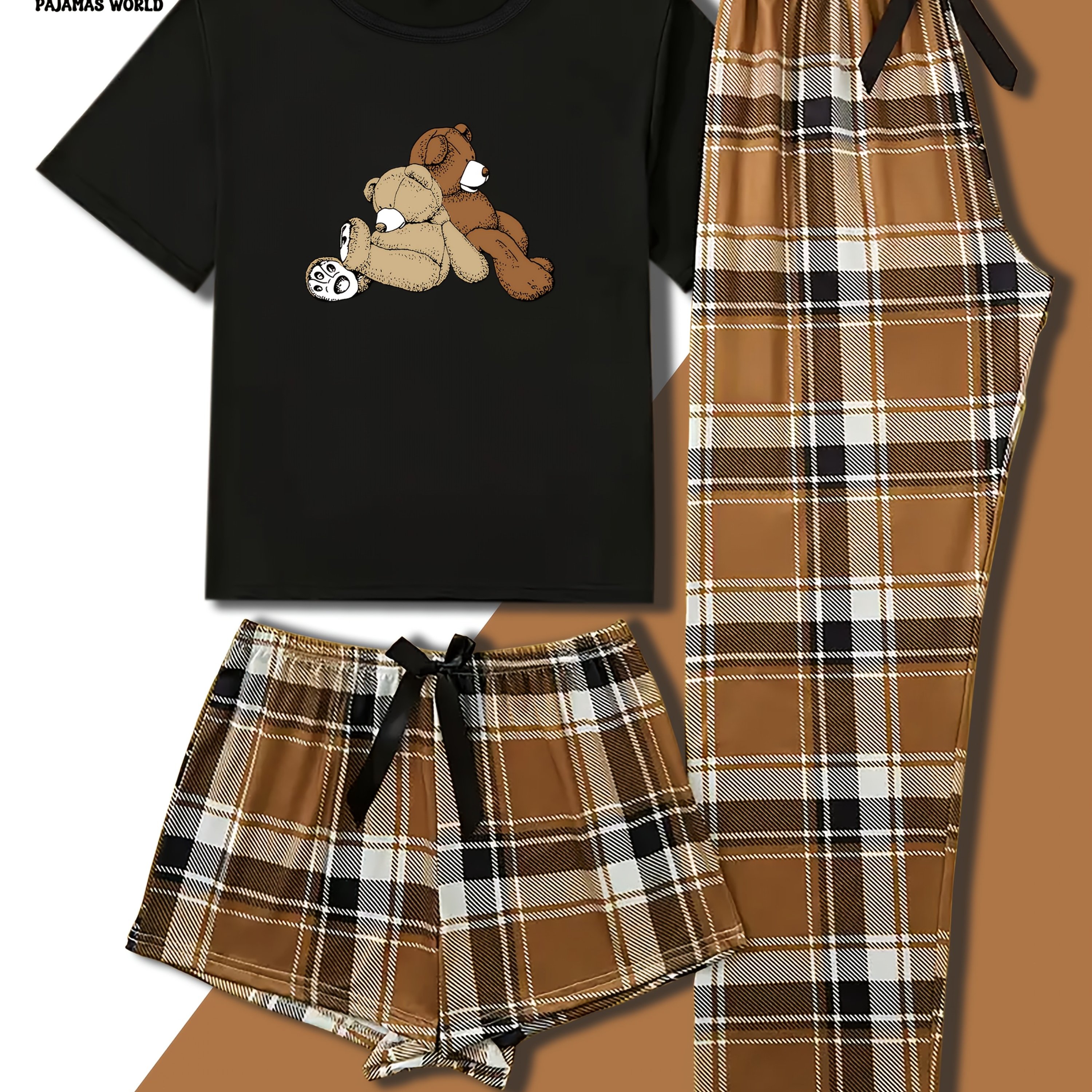 Image of Women's Casual Cartoon Bear & Plaid Pajama Set - Soft, Loose-fit Short Sleeve Top With Elastic Waistband, Long Pants & Shorts, Cozy Fall/winter Sleepwear