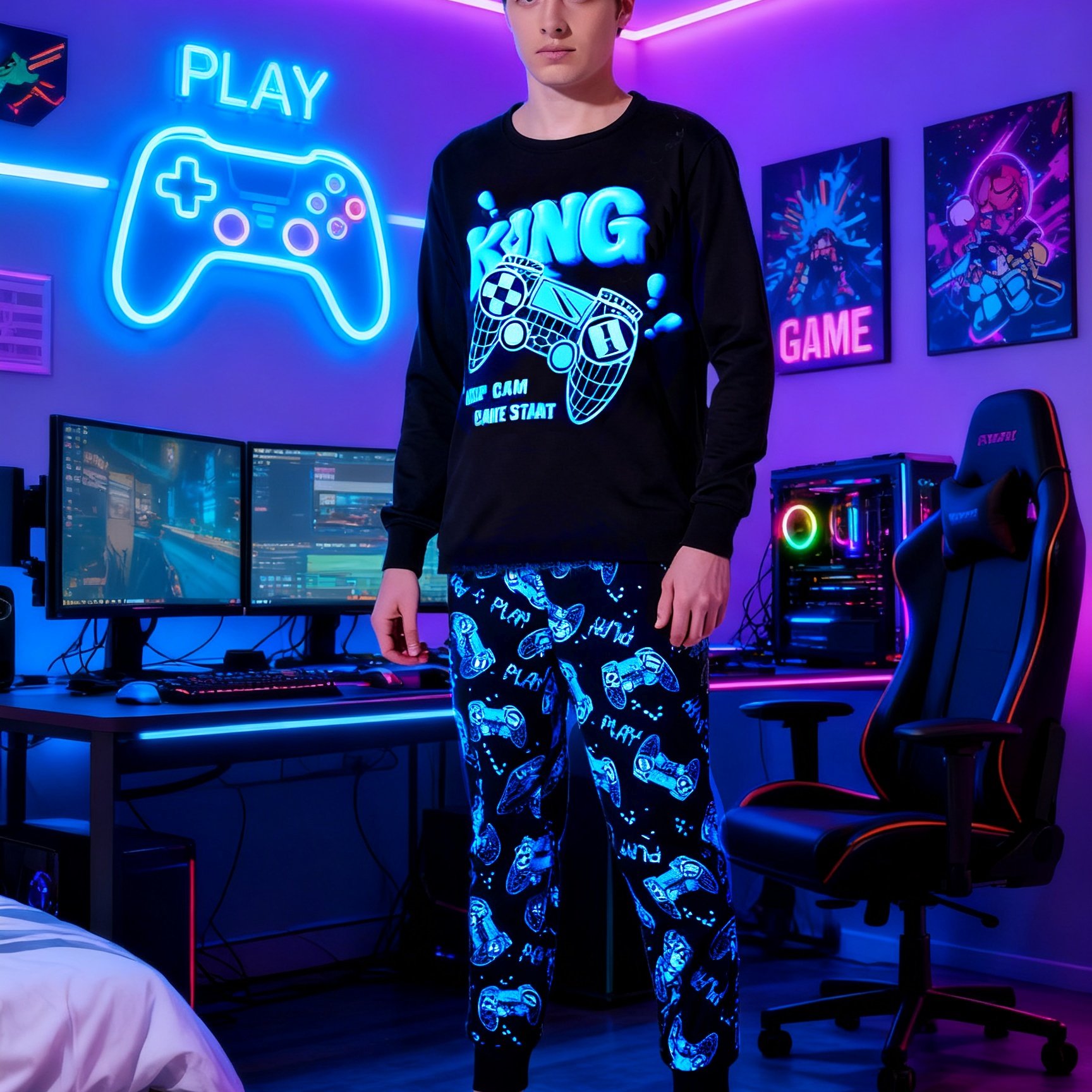 Image of [' Long Sleeve And Pants 1 Set] Back-to-school Must-have/gaming Controller Position Print/round Neck Long Sleeve Top And Print Long Pants Set, Loose Size, For Teenager, For Teenager