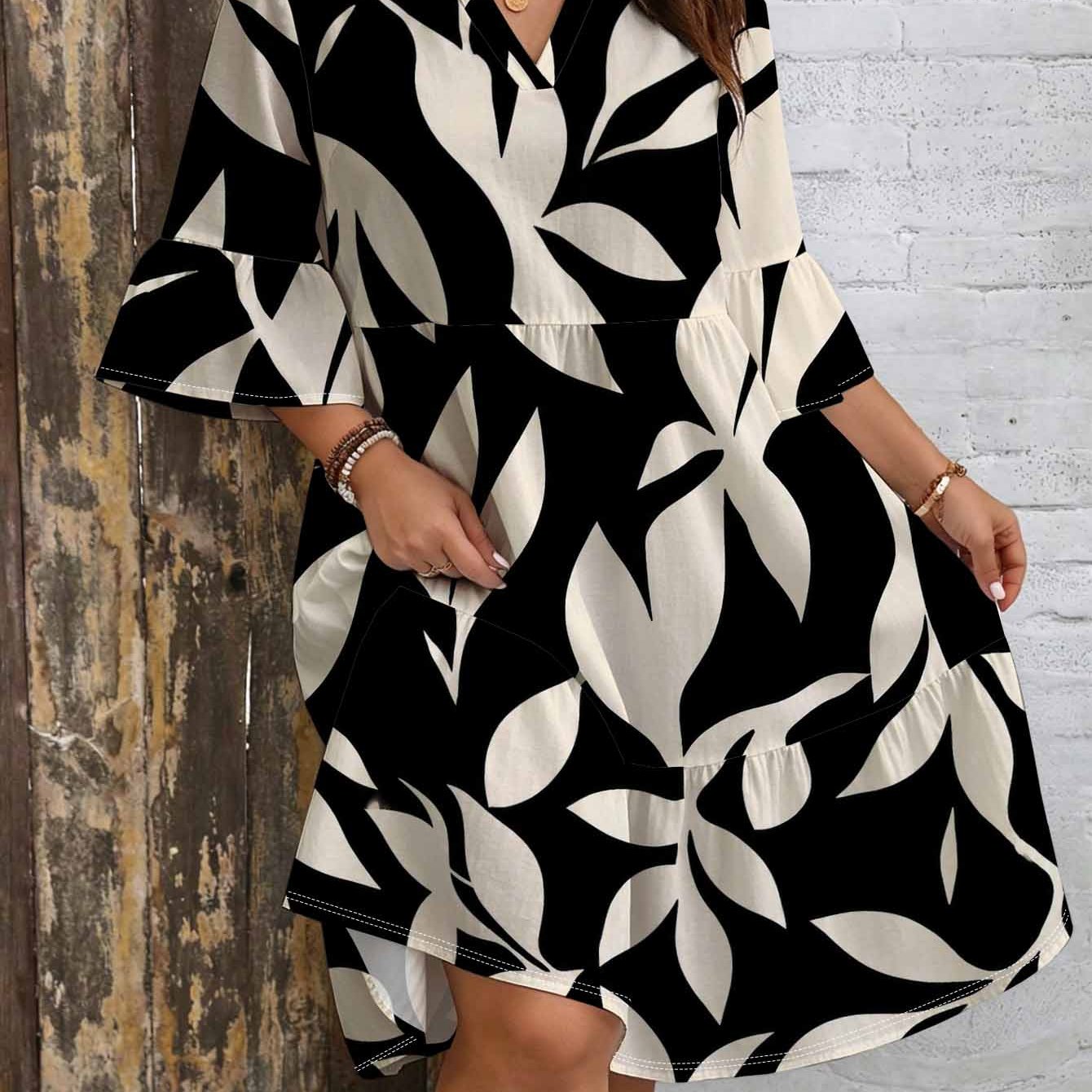 Image of Plus Size, Plus Size Black And White Botanical Leaf Print Dress. Notch Collar. Bell Sleeves. Layered Skirt. Loose Fit Monochrome Elegant Vintage Minimalist Chic Dress