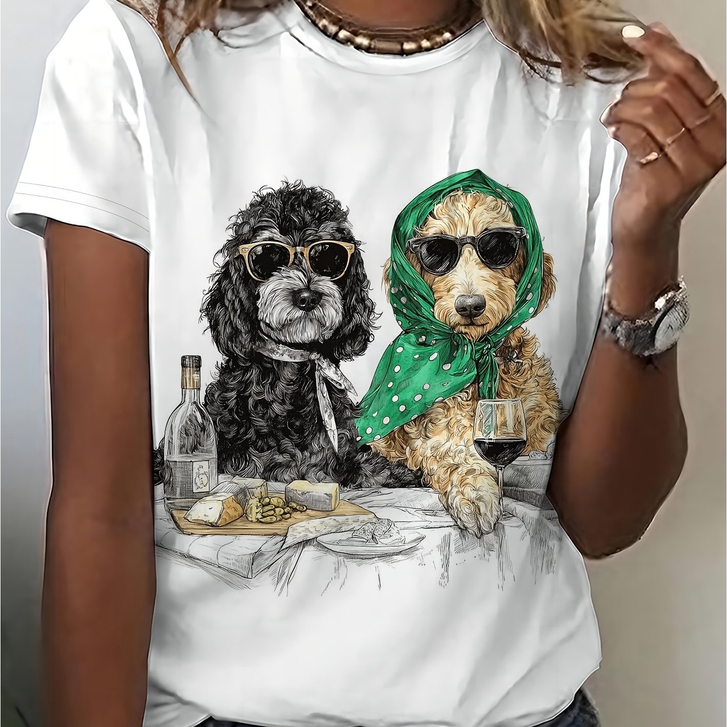 TEMU Fun Retro Style Glasses Poodle Print White Round Neck Short Sleeve T-shirt Women' Outing Casual Individual Creative Versatile Top