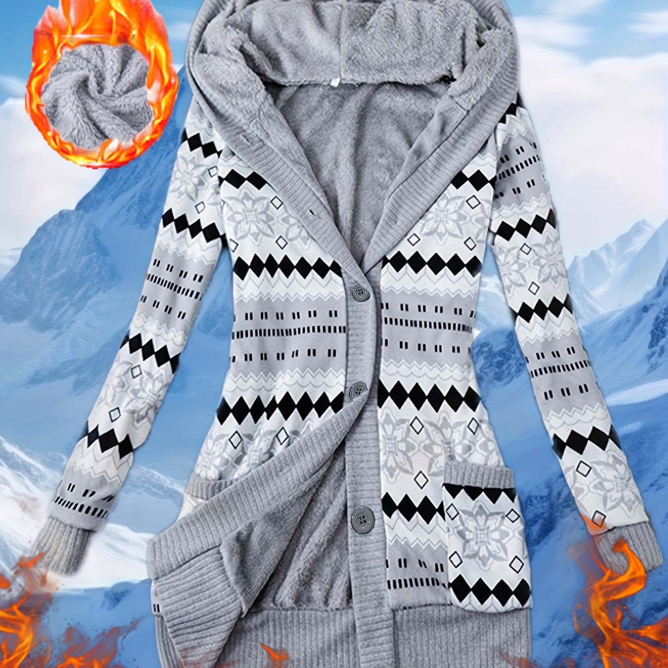 TEMU Nouveau cardigan à capuche mi-long à imprimé géométrique automne/hiver, haut pull cardigan décontracté , doublé, épaissi, confortable et chaud