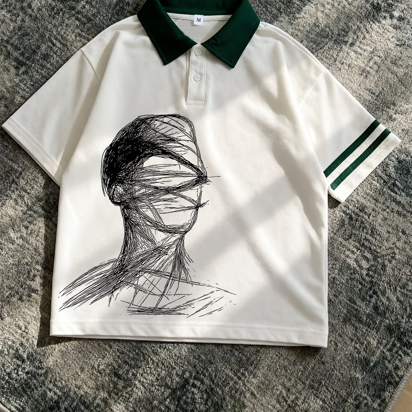 TEMU Men's New Shirt, With Beige Contrast Collar, Stripes On Cuffs, Abstract Line Portrait Print On Chest, Loose Fit, Artistic And , Suitable For