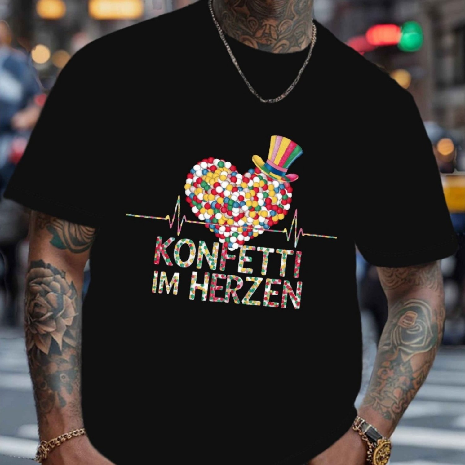 Men's Confetti Graphic Tee | White Crew Neck Short Sleeve T-shirt, Lightweight Summer Top With Heartbeat & , Fit For Adults