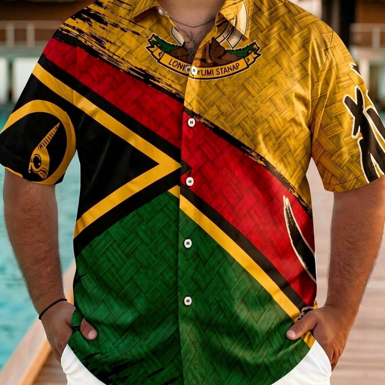 TEMU Chevron Vanuatu Flag-inspired Textured Graphic Plus Size Men's Casual Short Sleeve Shirt With Collar