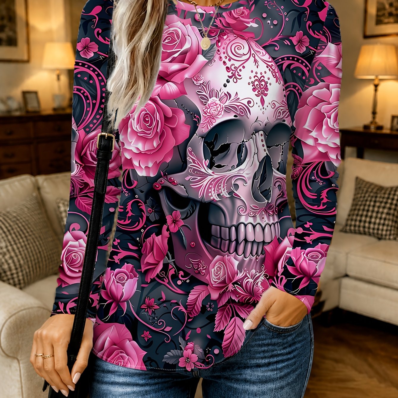 TEMU Women's Top, Spring/autumn Neck, Halloween Theme Pink Roses And Decorative Skulls Print, Printed Long Sleeve, Worn Inside Or Outside, Casual