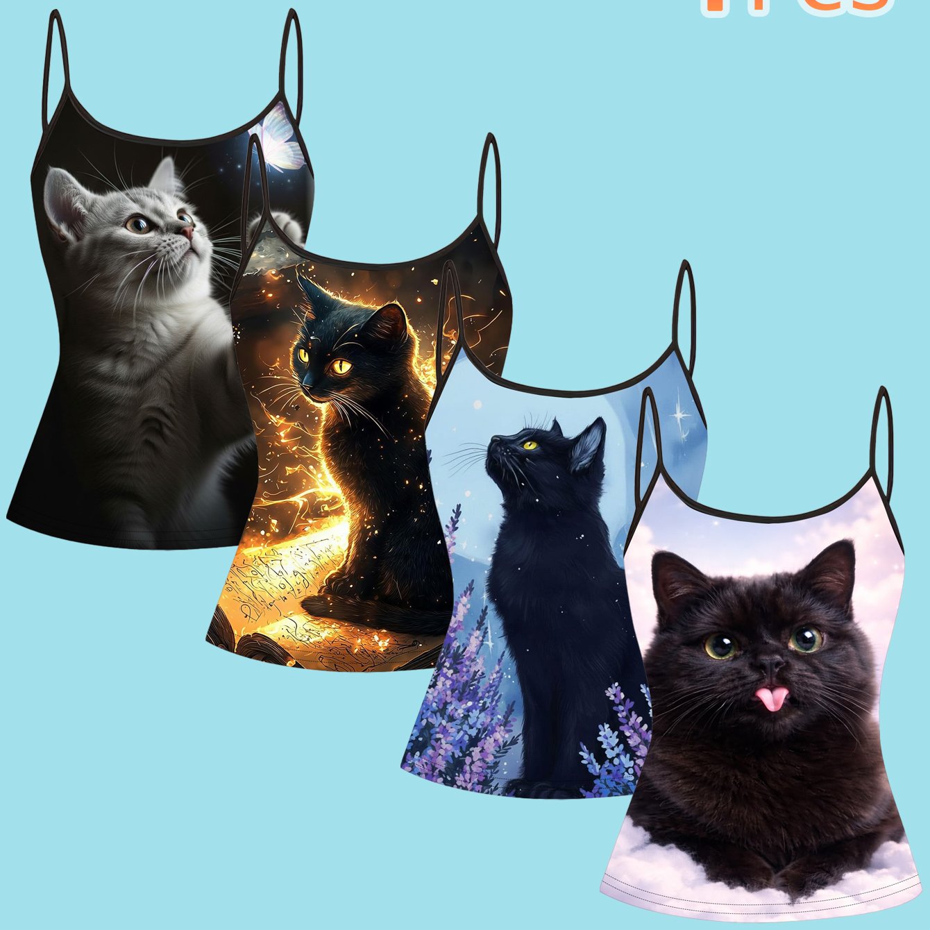 TEMU 4pcs Set Women's Vintage Oil Painting Cat Print Spaghetti Strap Camisole Top