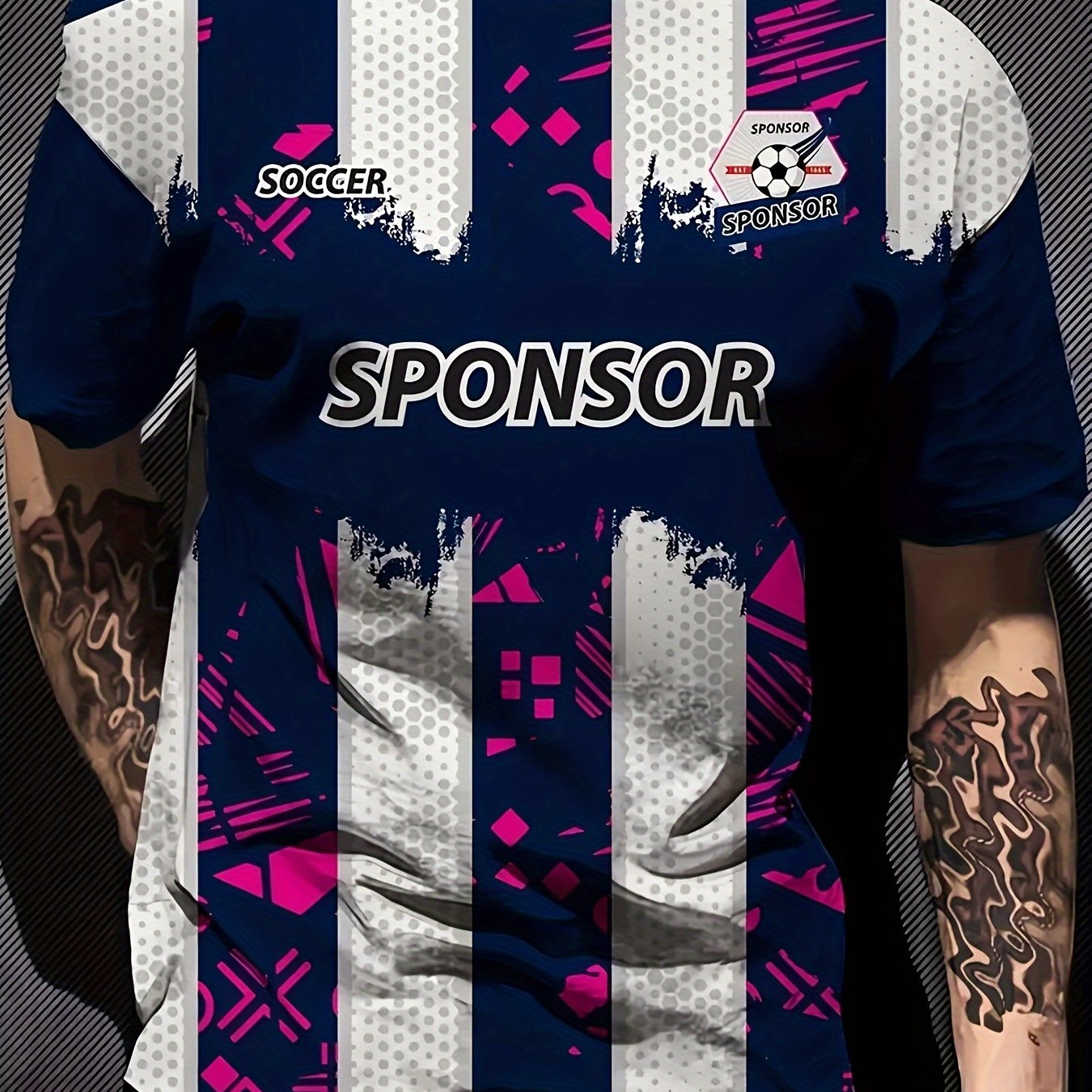 TEMU Maglietta da Calcio Stampa 3D - Design Sponsorizzato, Motivo Geometrico Blu Navy e Rosa, Tessuto Traspirante e Asciugatura Rapida, T-Shirt Corta