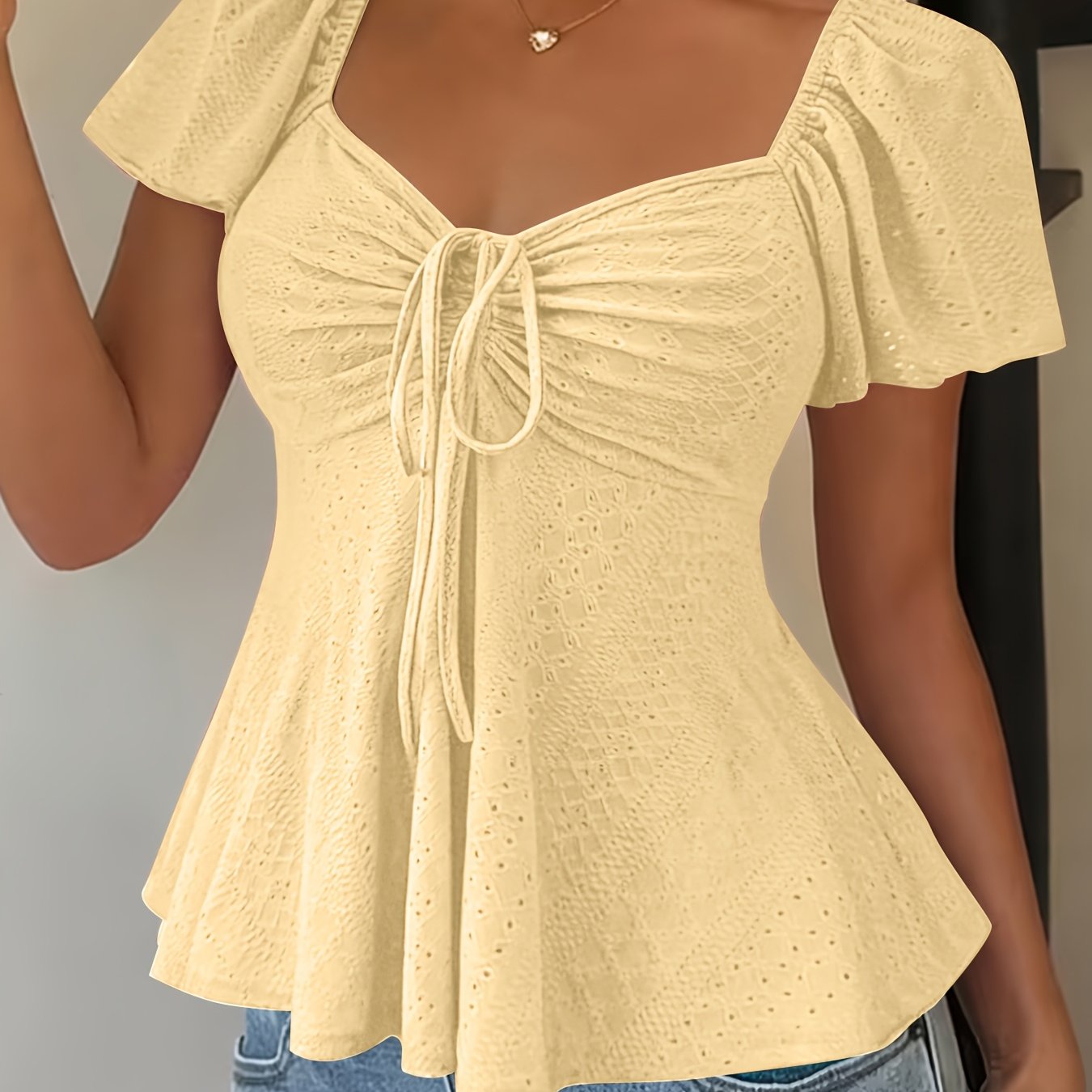 Image of Fashionable And Elegant Spring/summer New Arrival Y2k Solid Color Jacquard Comfortable And Breathable V-neck Drawstring Short Sleeve Top Women's T-shirt