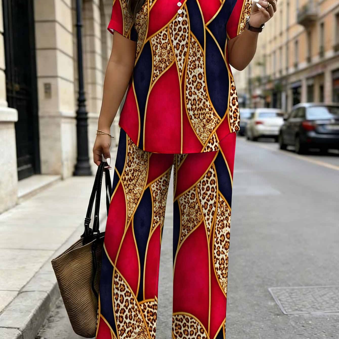 Plus Size - Plus Size - Plus Size Women's Fashion 2 Piece Set. Abstract Leopard Print Pattern With Red And Black . Elegant Modern Chic Outfit. Suitable For Spring Summer Autumn