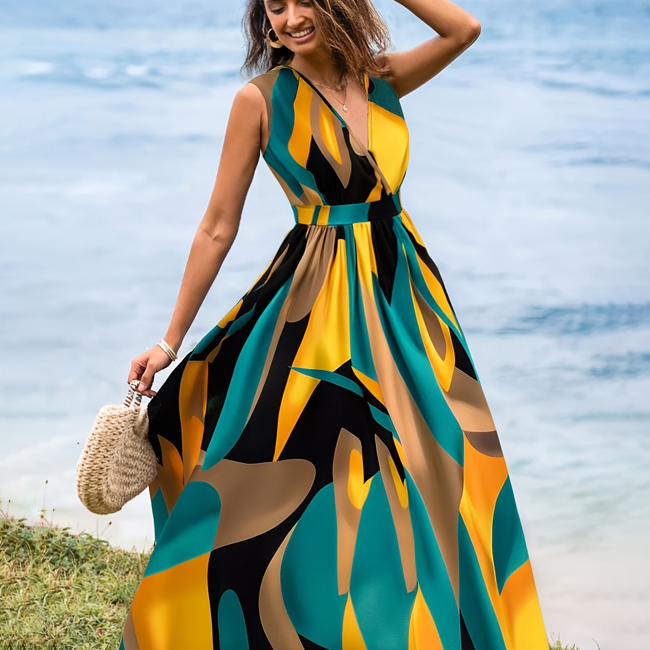 Summer Striped Print Contrast Cross V-neck Off-shoulder A-line Long Dress Elegant Style Women's Dress Yt