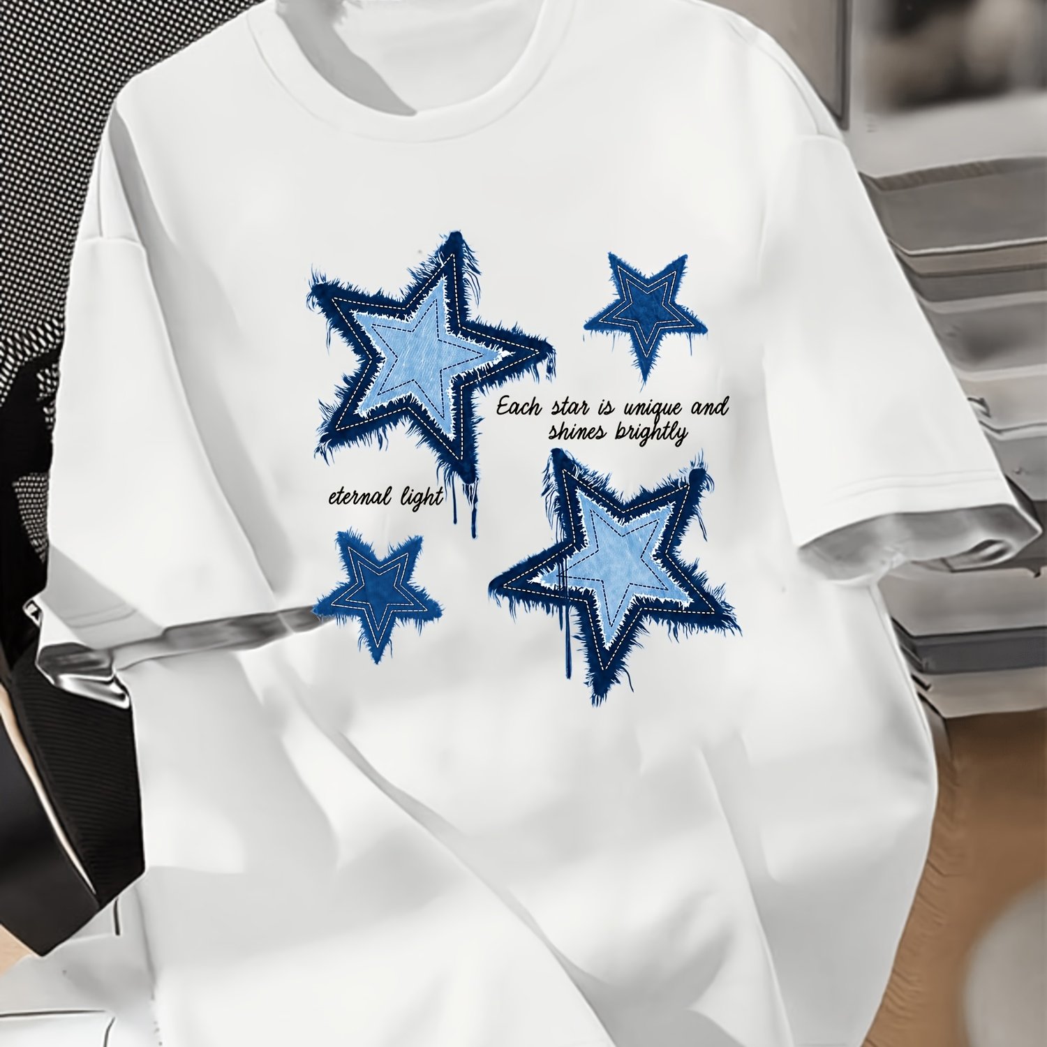 TEMU Women's Casual White Short Sleeve T-shirt, Soft Breathable Fabric, Blue Textured Star Graphic Print With Inspirational Text, Multiple Sizes ,