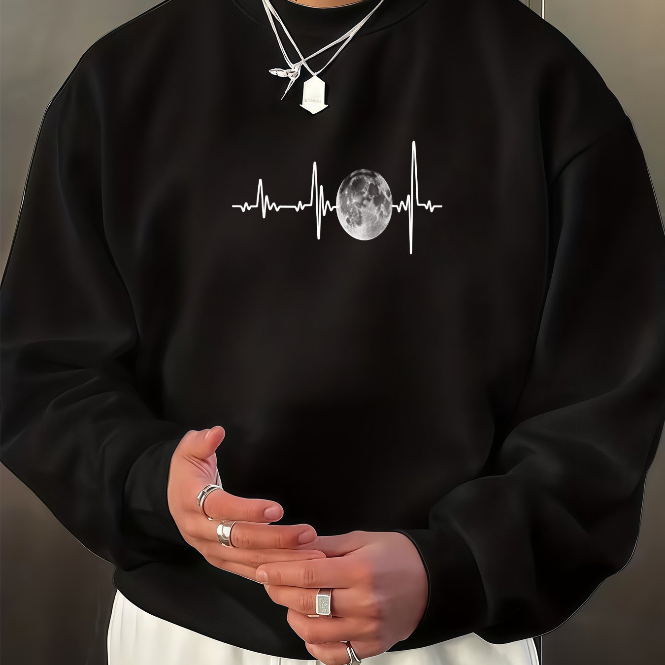 Men's Black Moon Heartbeat Design Crewneck Sweatshirt, Casual Loose Fit, Soft Comfortable Fabric - From Europe