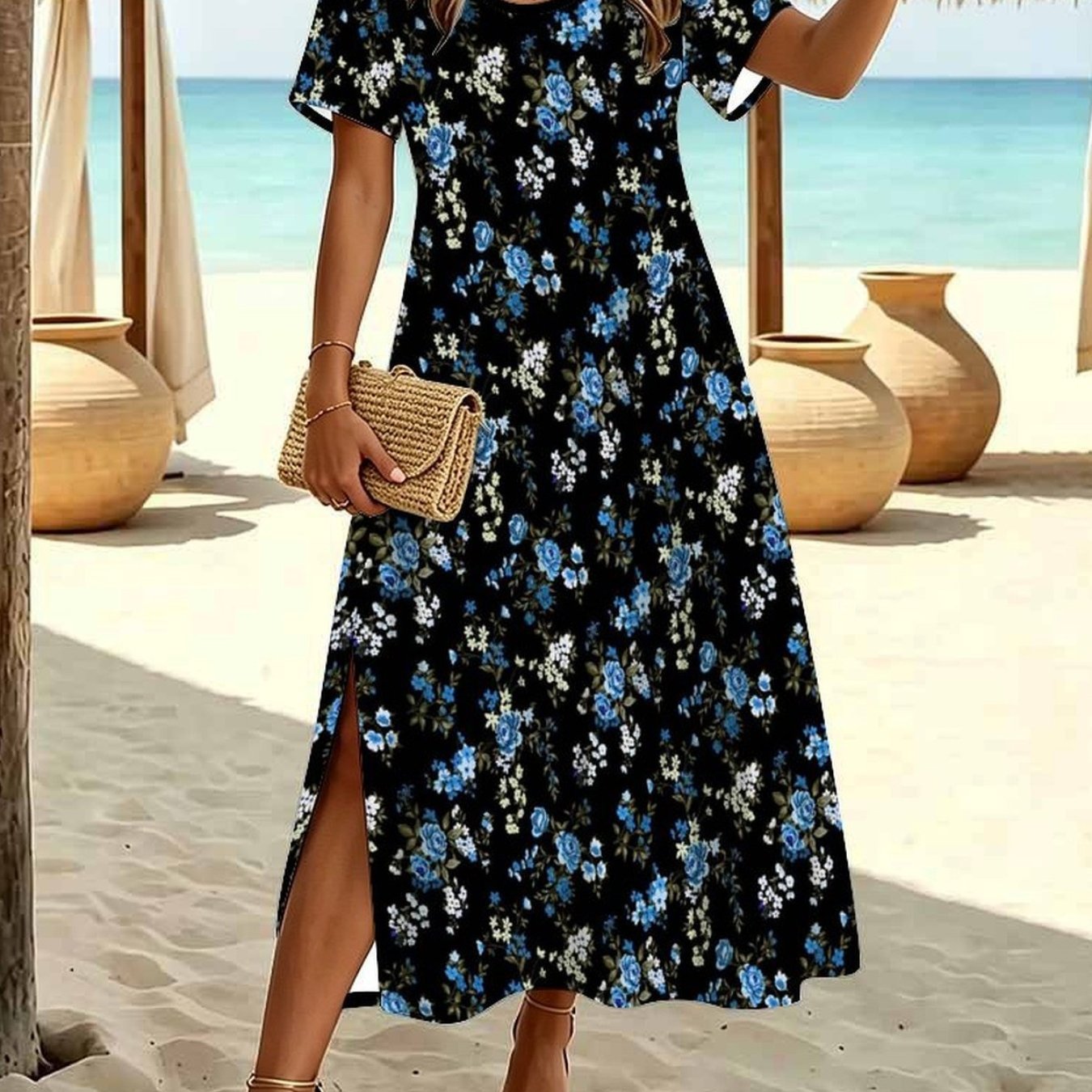 Plus Size, Plus Size Women's Summer Fashion Dress, Casual With Tiny Botanical Floral Print, Crew Neck Short Sleeve Split Hem Elegant Dress.