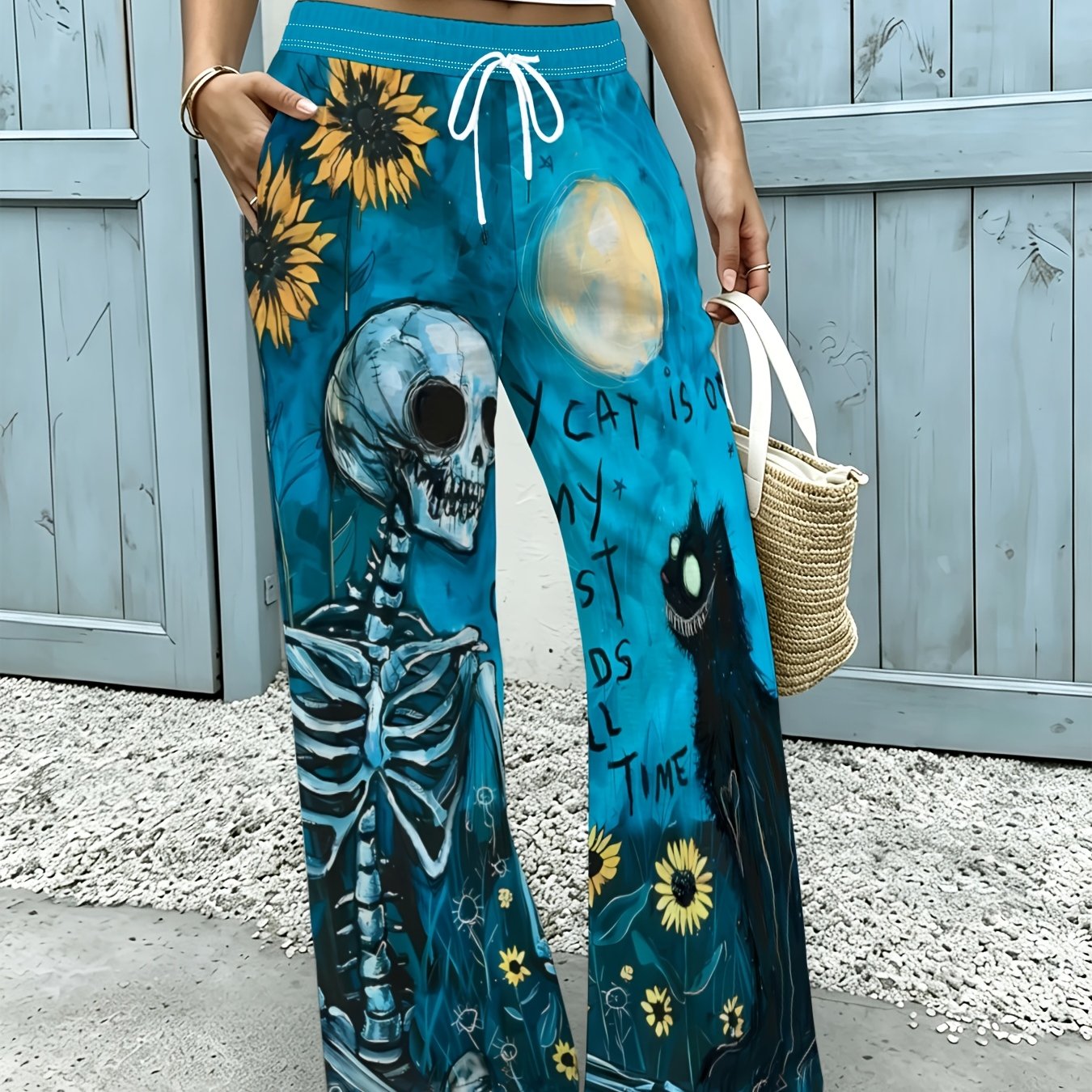 TEMU Women's Drawstring Wide-leg Pants, Van Gogh Style Skull Black Cat Sunflower Artistic Print, Retro Artistic Feel, Suitable For Casual Vacation