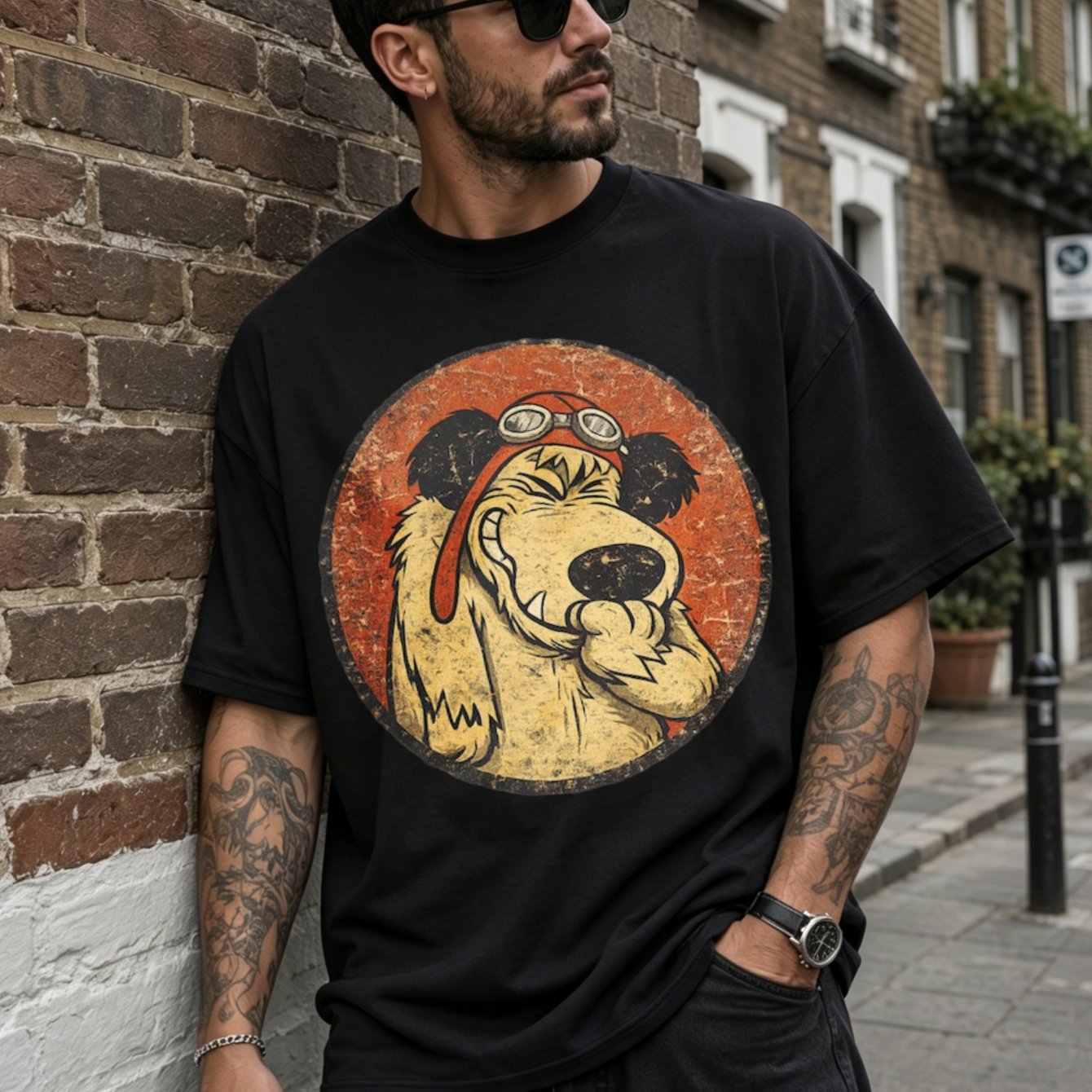 Image of Muttley Pilot Dog Portrait With Goggles Scarf And Distressed Orange Detailed Vintage Style Graphic T-shirt