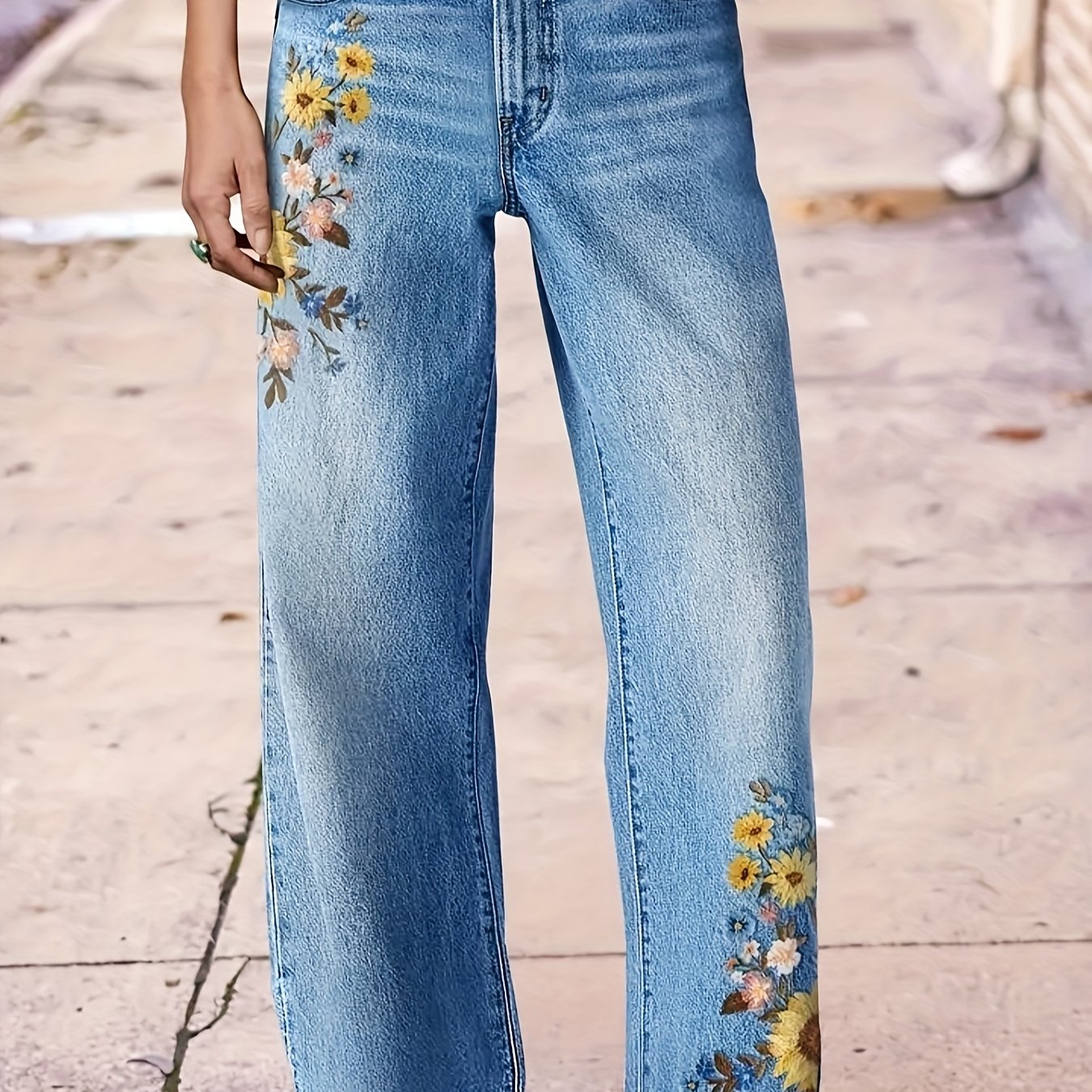 TEMU Casual Jeans For Women In A Washed Blue Color, Featuring Embroidered Designs And A -elastic Slim Straight Fit