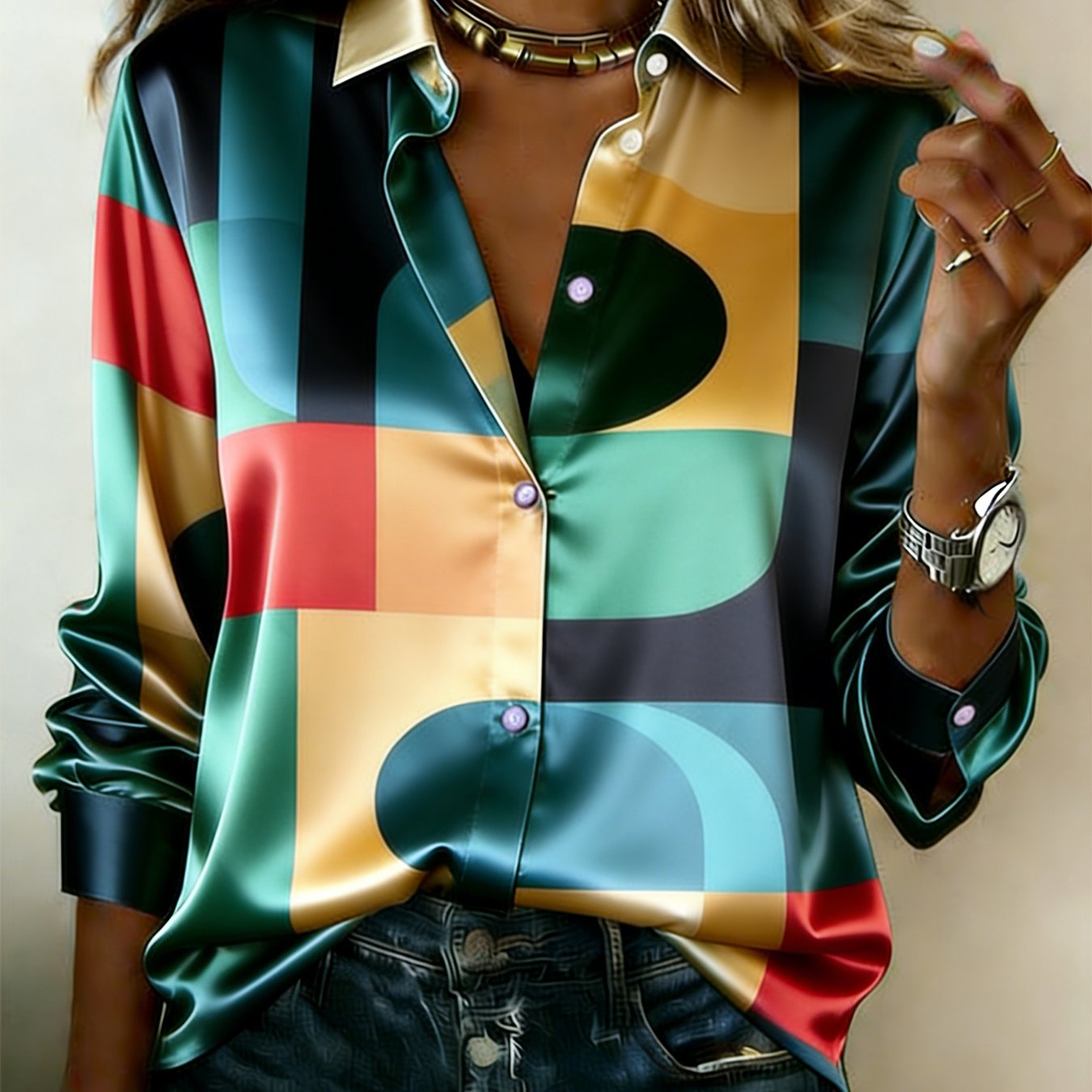 Satin Fabric Shirts For Women Featuring A Vibrant Geometric Print And A Lapel Design