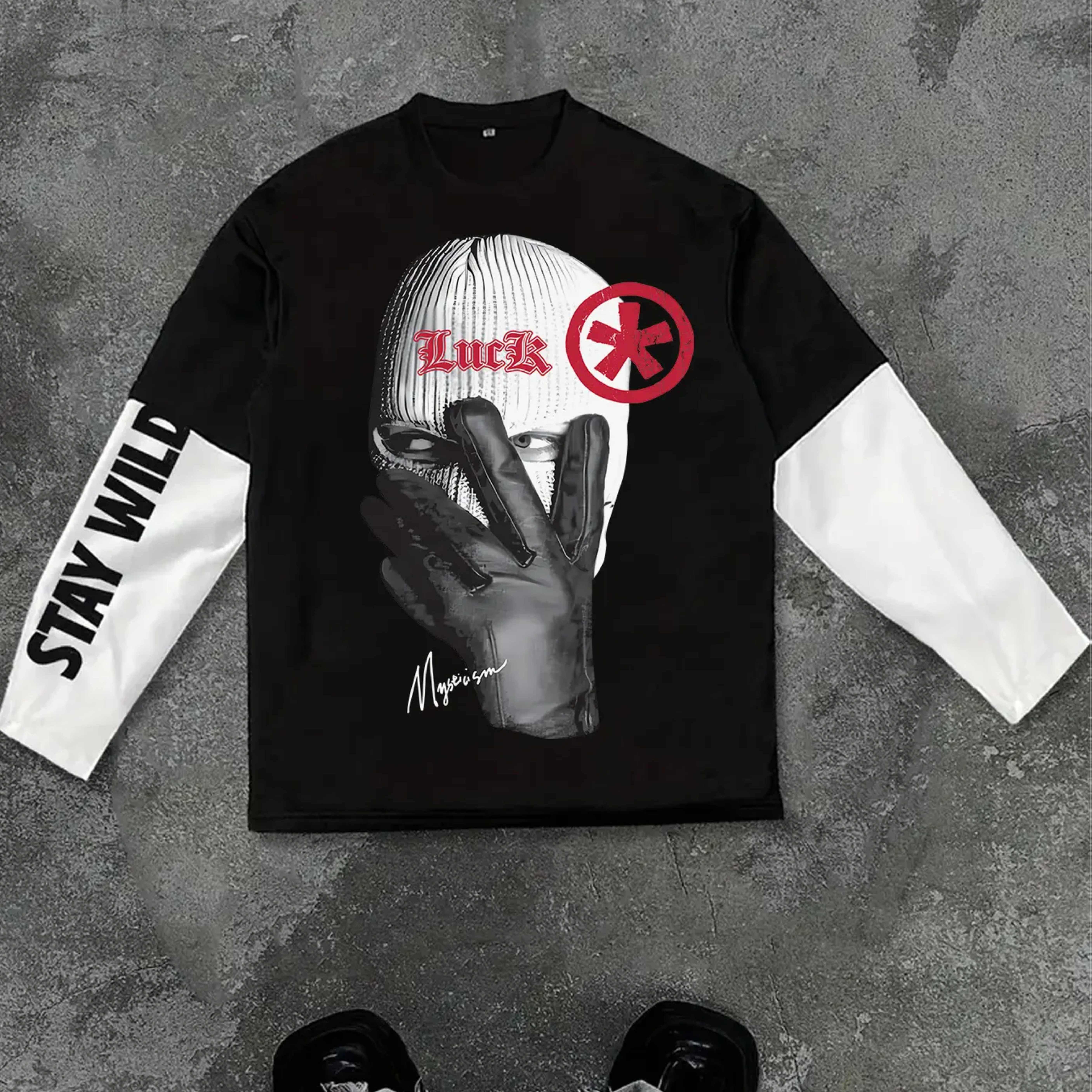 TEMU Men's "" Balaclava Print T-shirt - Y2k Streetwear Oversized Round Neck Top With Balaclava Lettering, Loose Fit Machine Washable Spring/fall