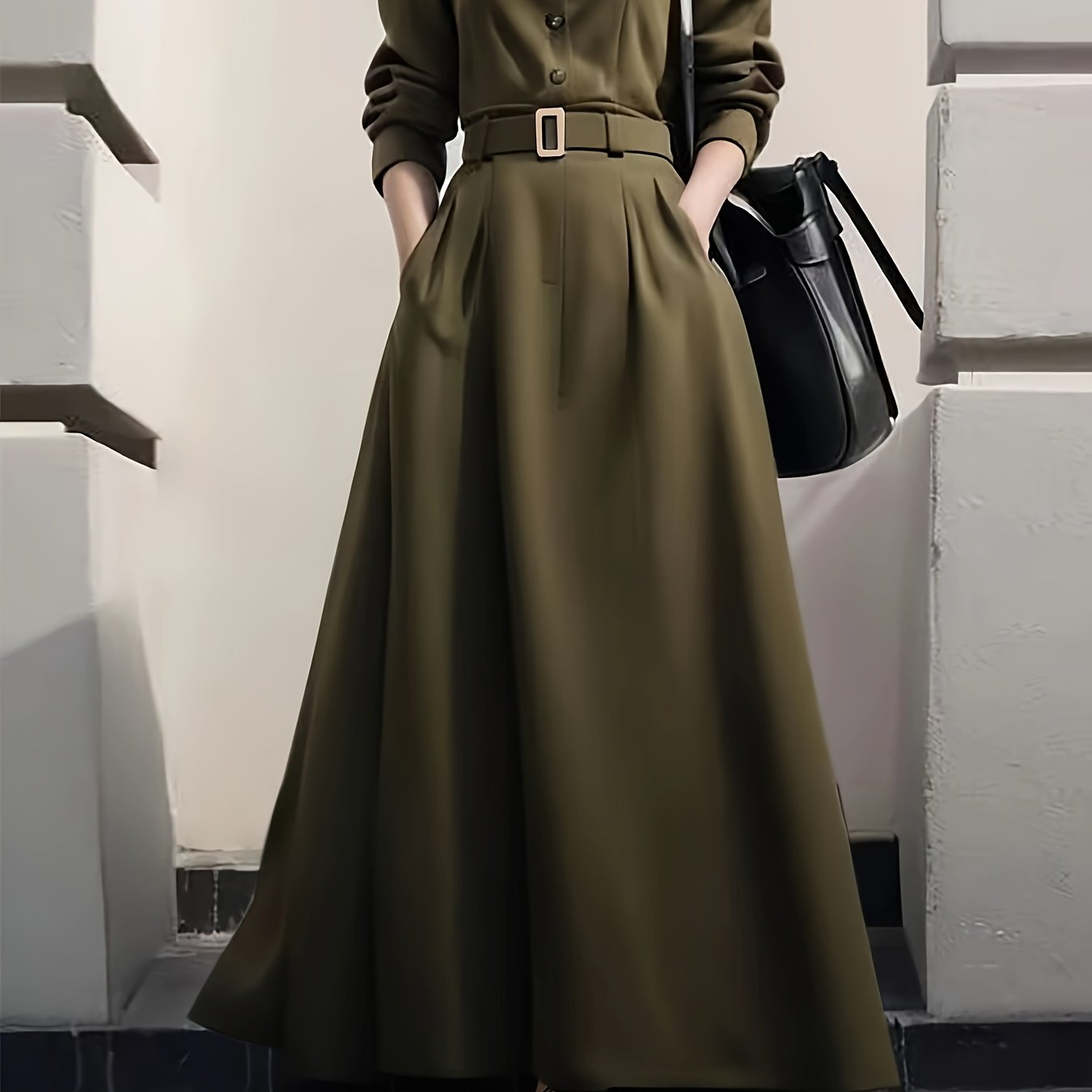 Elegant A line maxi dress with waist belt in smooth polyester Features button detail Perfect for any occasion