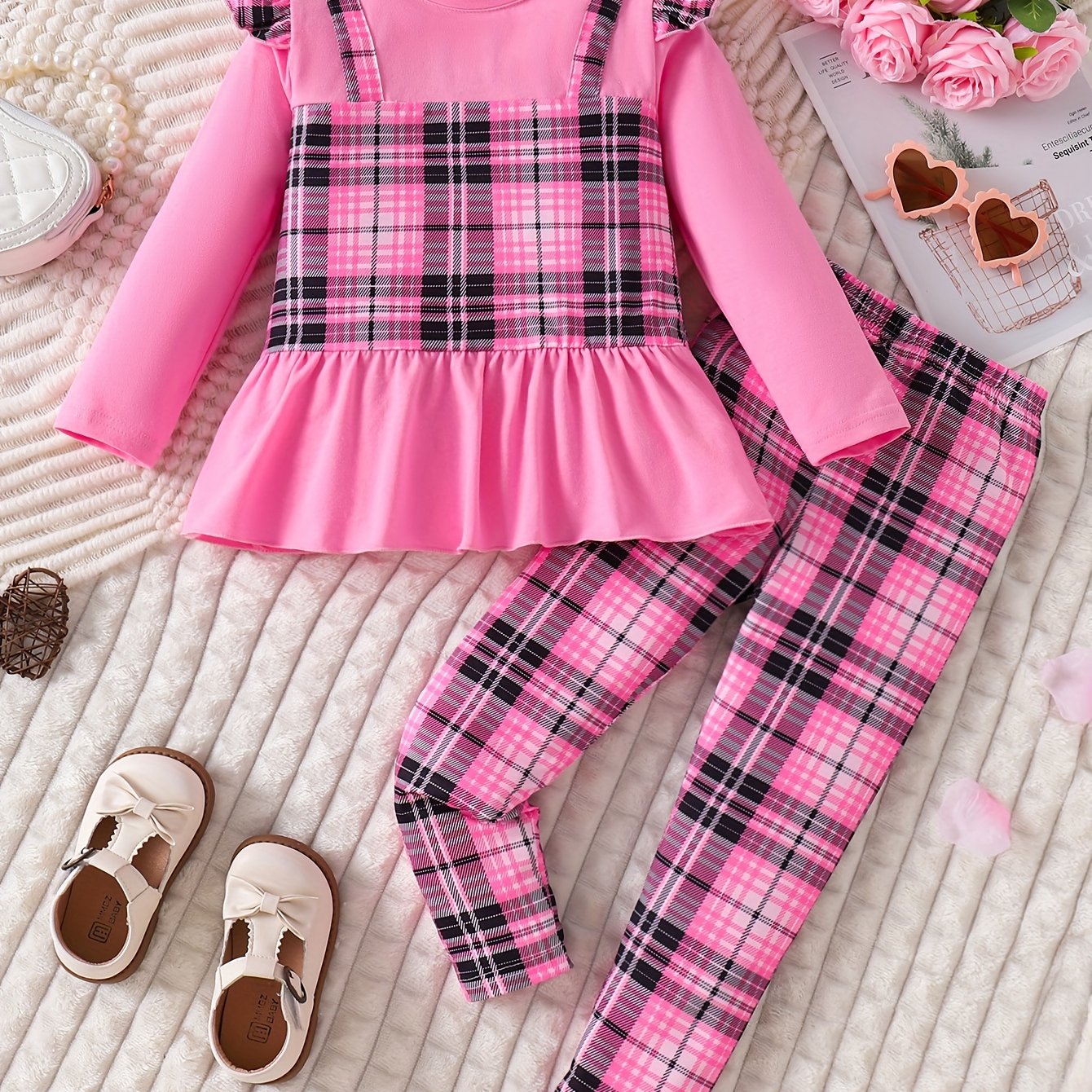 TEMU Girls' Spring And Autumn Fashion Spliced Pattern Suit, Cute Spliced Pleated + Bottom Pants 2pcs Set, Perfect For Outdoor