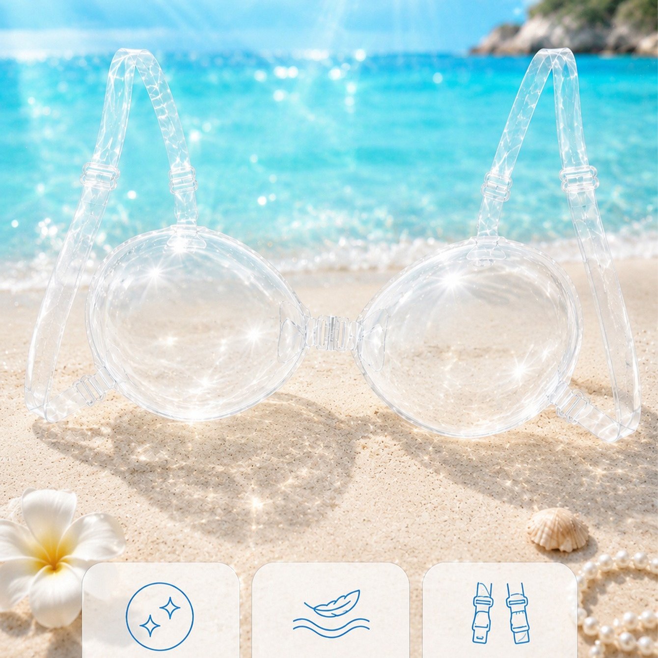 TEMU 1pc Soutien-gorge transparent d'été, sous-vêtement invisible, avec bretelles réglables, accessoire de robe dos nu pour femmes, piscine, plage,