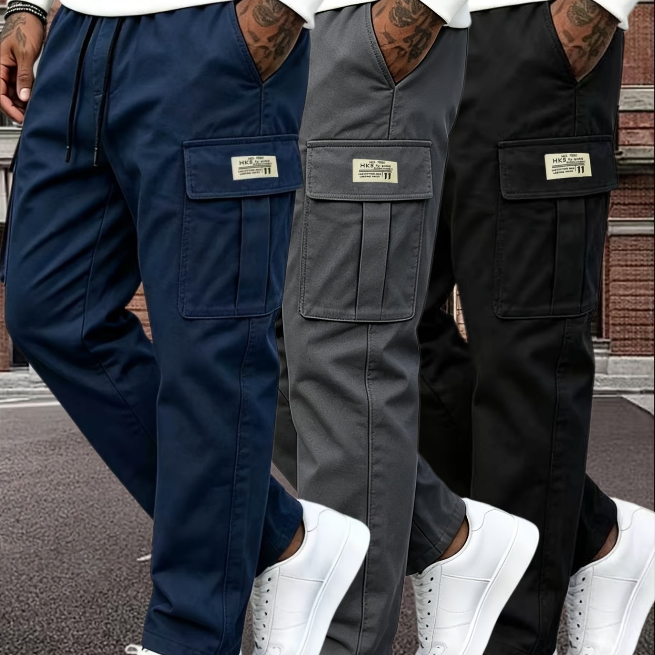 TEMU 3pcs Men's Casual Multi-pocket Cargo Pants, Straight-leg Work Pants With Elastic Drawstring Waist, Versatile Street Style And Outdoor Hiking