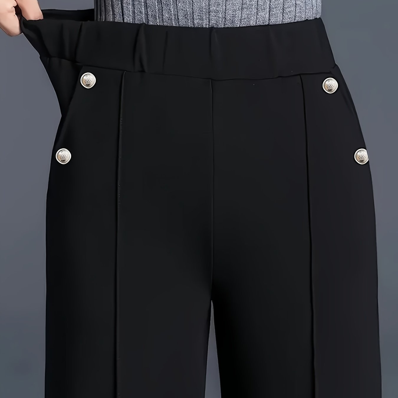TEMU Plus Size, Women's Plus-size High-waisted Straight-leg Trousers - Elegant Solid Color Pants With Pockets & Buttons, Beltless Waist Suitable For
