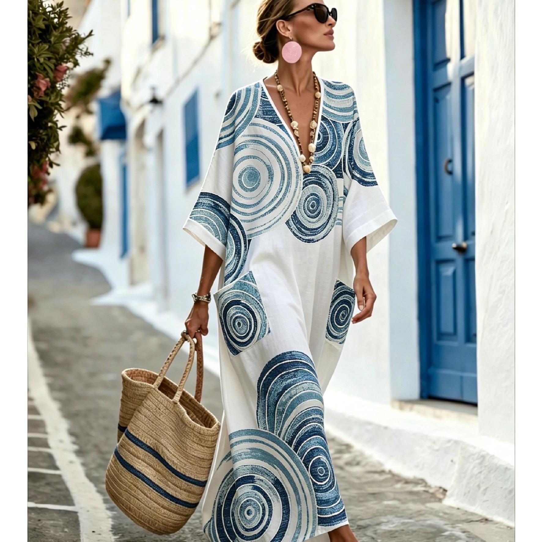 Robe d'été femme col en V, imprimé géométrique spirale bleu, style décontracté,, et confortable, poches, lavable en…: retailer-supplied image