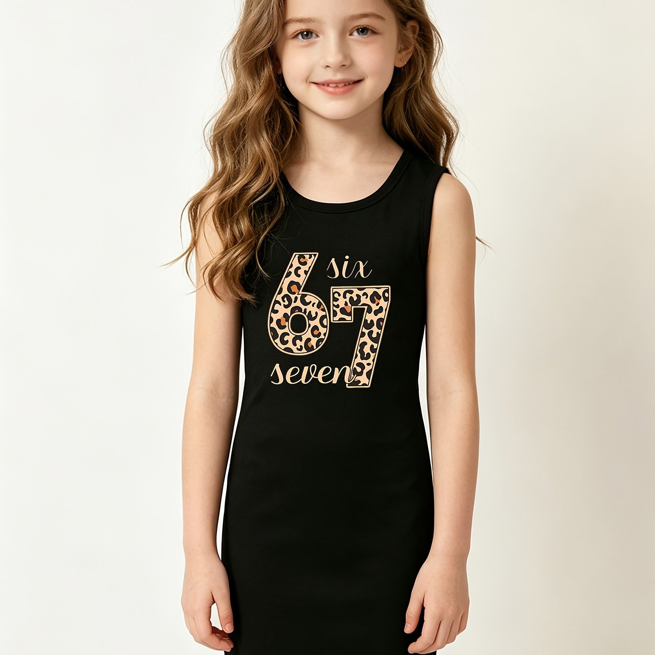 Image of Summer Fashion Girls' Dress, Leopard Print With Number And Letter Print, Trendy Sleeveless Bodycon Dress For Girls, Casual And Versatile, Big Kids' Clothing 9-10y