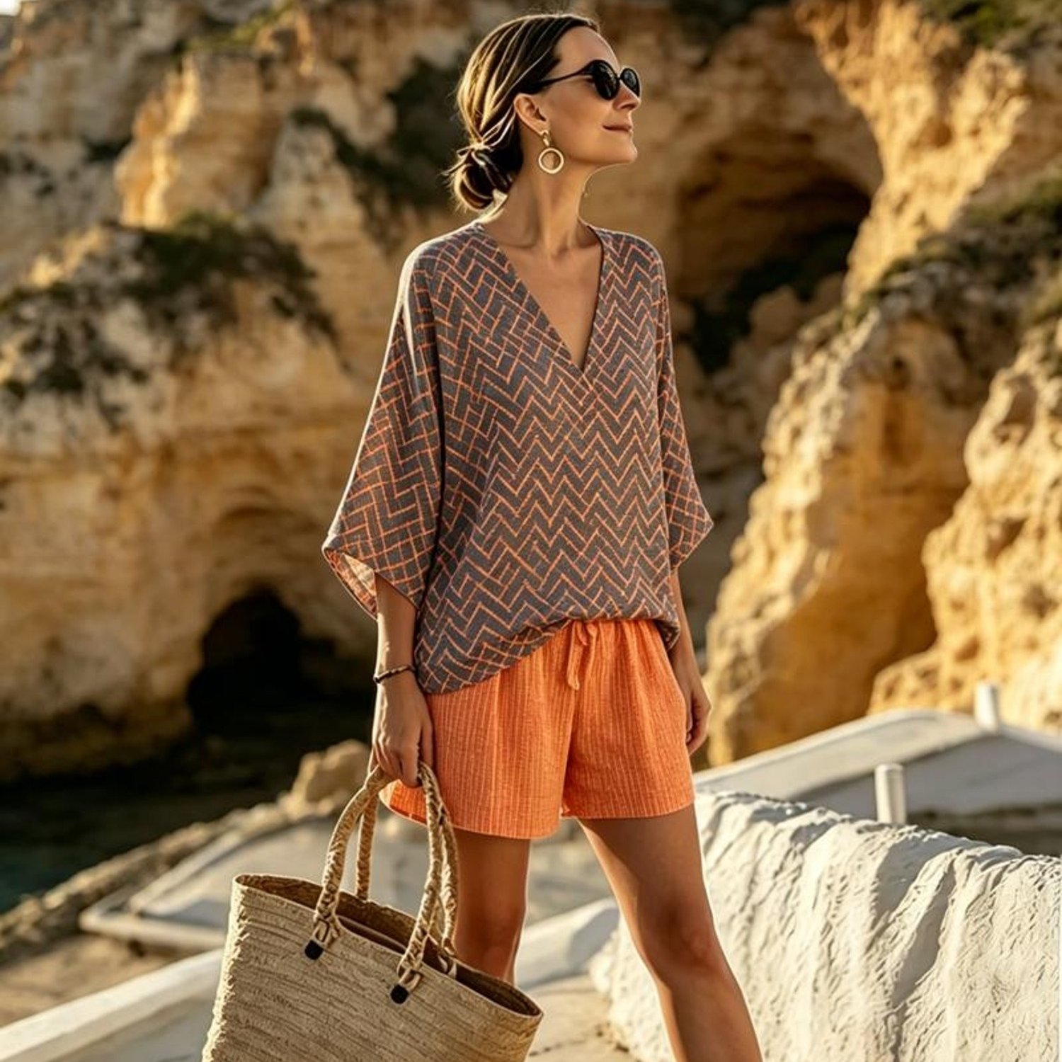 Plus Size French Lazy New Greek V-neck Striped Outfit Chevron Pattern Women's Top And Shorts Ladies Summer Multicolor Casual Parties Travel Vacations Beach Holidays Summer New