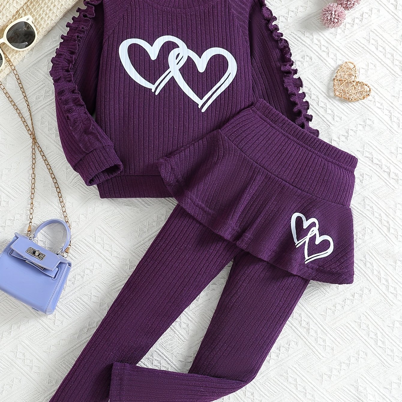 Image of Spring And Autumn Suit, Heart-shaped Print Ruffle Trim Long-sleeved Top And Casual Pants, Gift For Children, For Outdoor, Christmas, Halloween