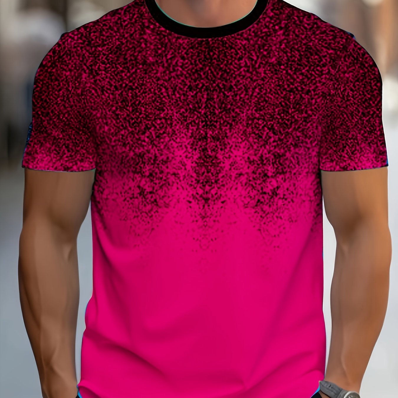 TEMU Print Design - Men's Gradient Print T-shirt Without Texture - Casual Short Sleeve, Round Neck, Soft, Summer Style, Plus Size