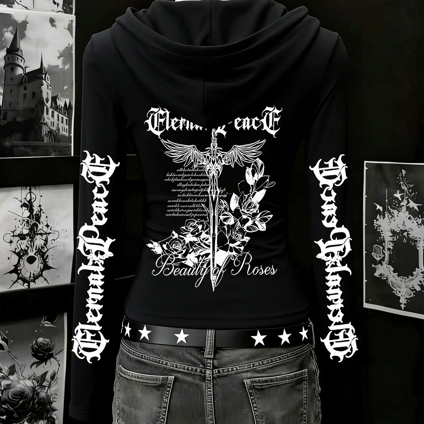 TEMU Gothic Rose Hooded Slim- For Women With Back Print Of Holy Sword Rose   Floral Script Print, Niche Literary Dark Style Top. Vintage Daily Wear