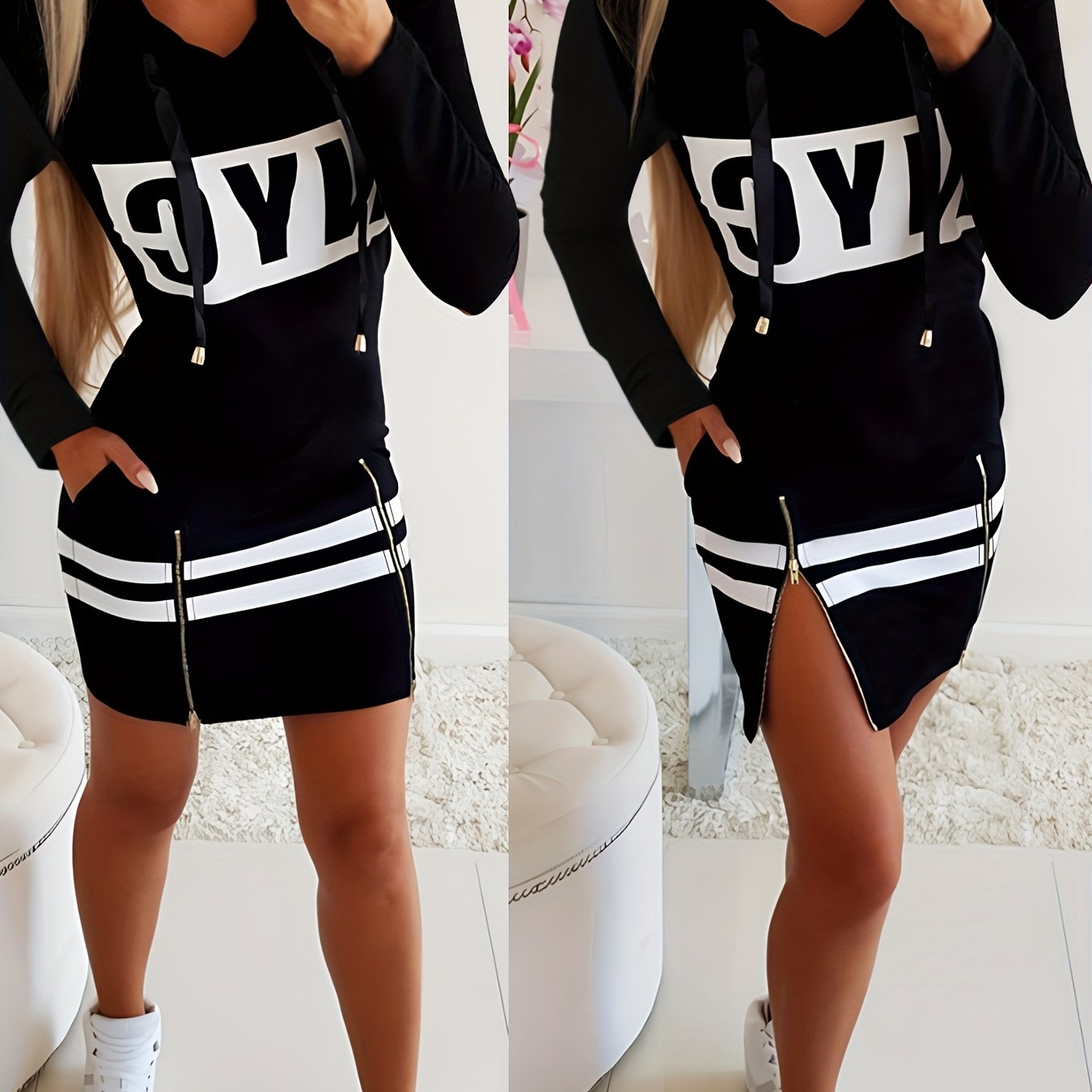 New Stylish Casual Hooded Short Long-sleeved Dress With Letter Print