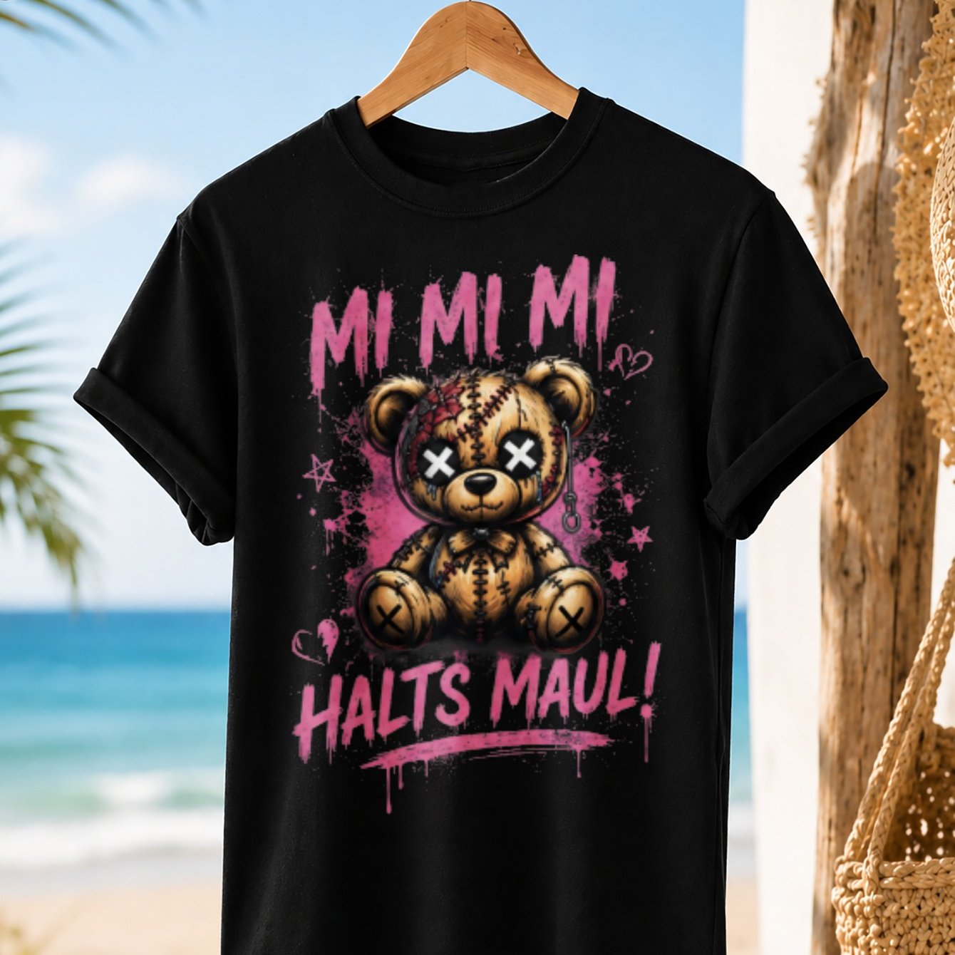 Mi Mi Mi Teddy Bear Graphic T-shirt Stitched Bear With Pink Grunge Splatter Hearts And German Text Tee Unisex All T-shirt