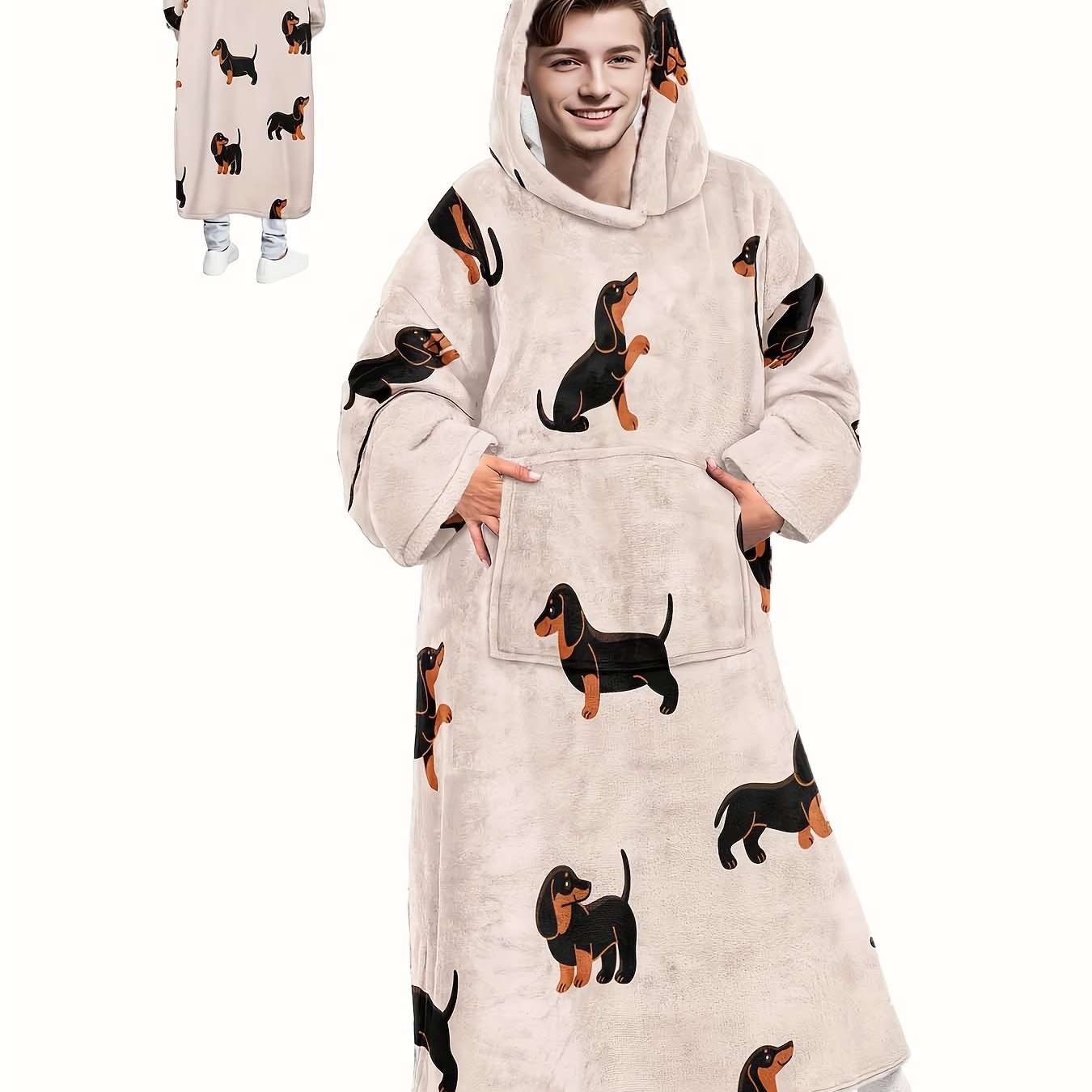 TEMU 1pc Men's Cartoon Sausage Dog Pattern With Velvet Hooded Robe - Loose Breathable Warm Autumn/winter Pajama Set With Large Pocket
