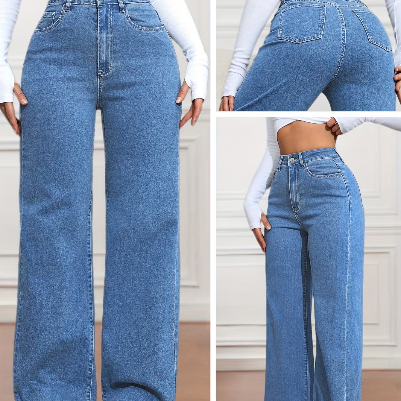 Blue Trendy Women's Stretchy Loose-fit Wide-leg Jeans